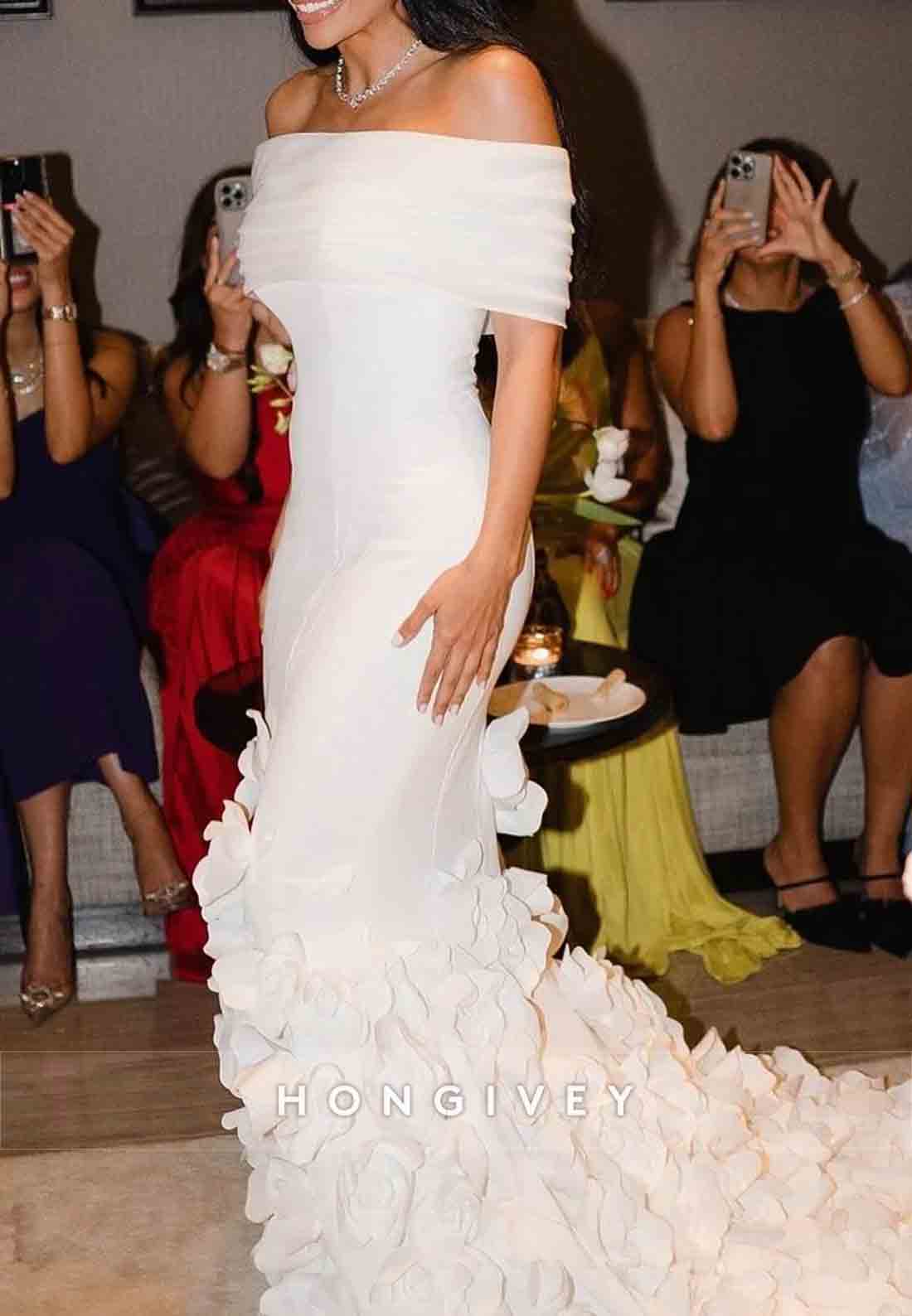 Flowers Off the Shoulder Shawl Mermaid Sweep Train Wedding Dresses