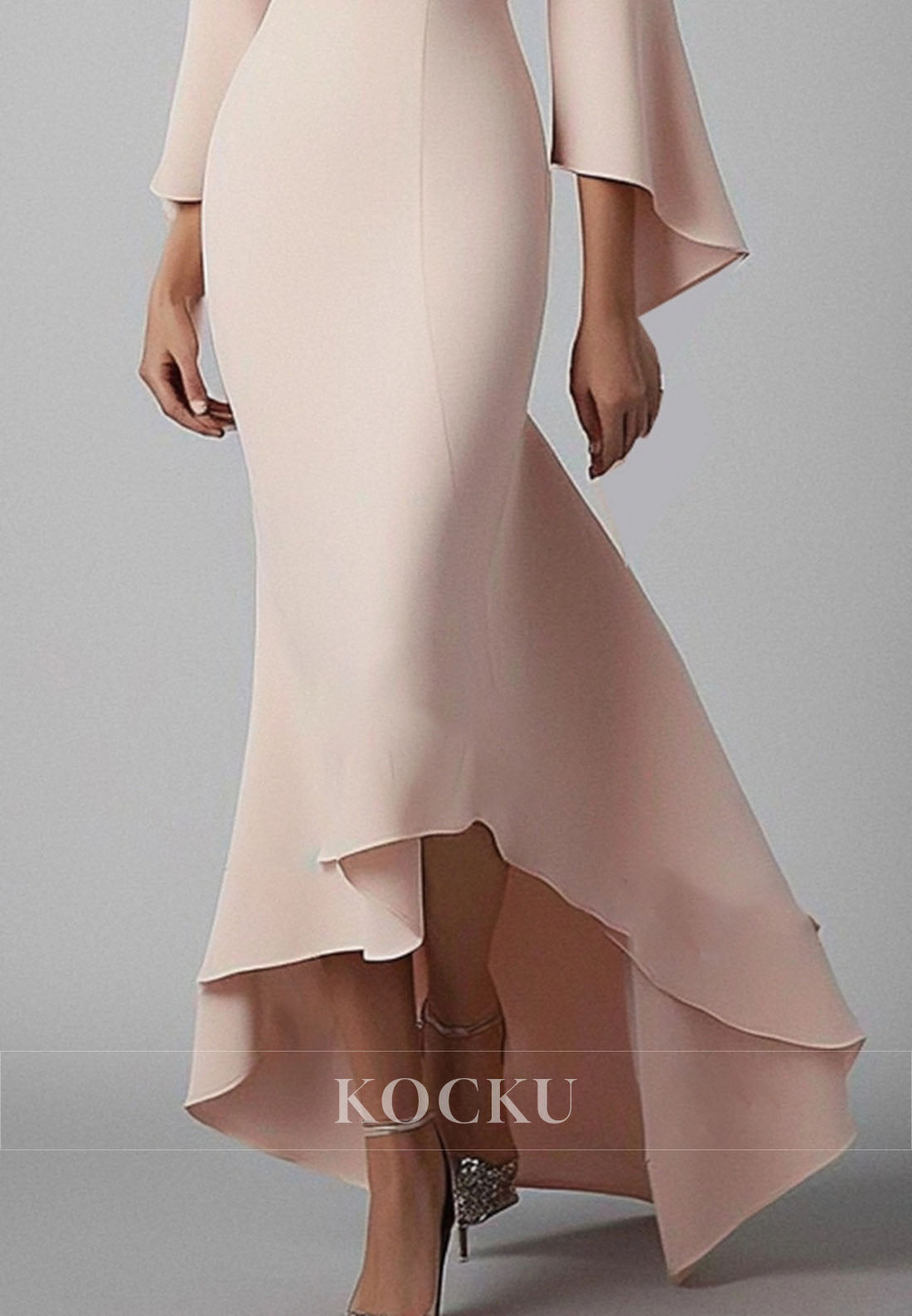 Daily Work Dress V-Neck Long Sleeves Mermaid High Low Satin Wedding Guest Gown