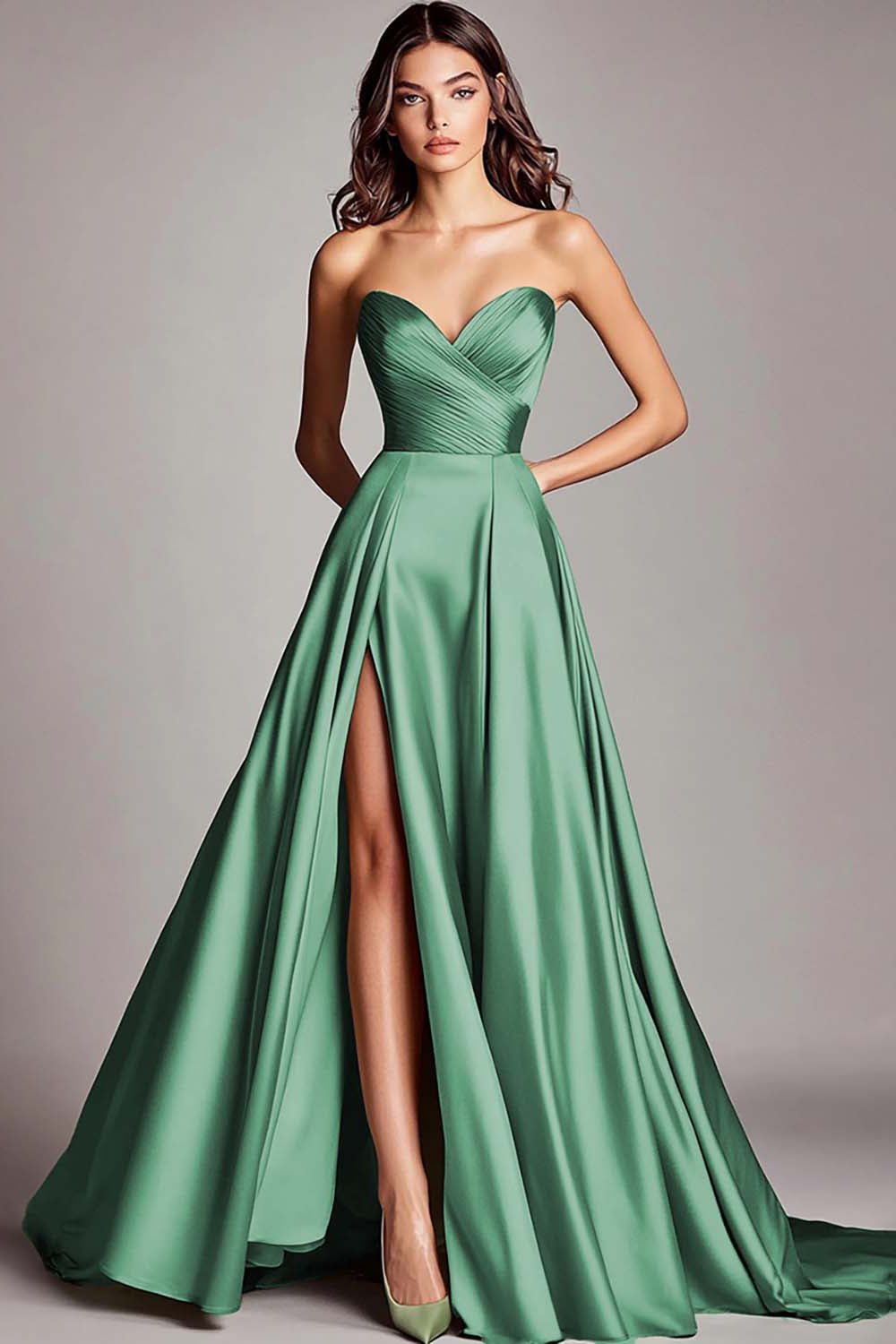 Dusty Sage Strapless A Line Ruched Satin Long Prom Dress with Slit