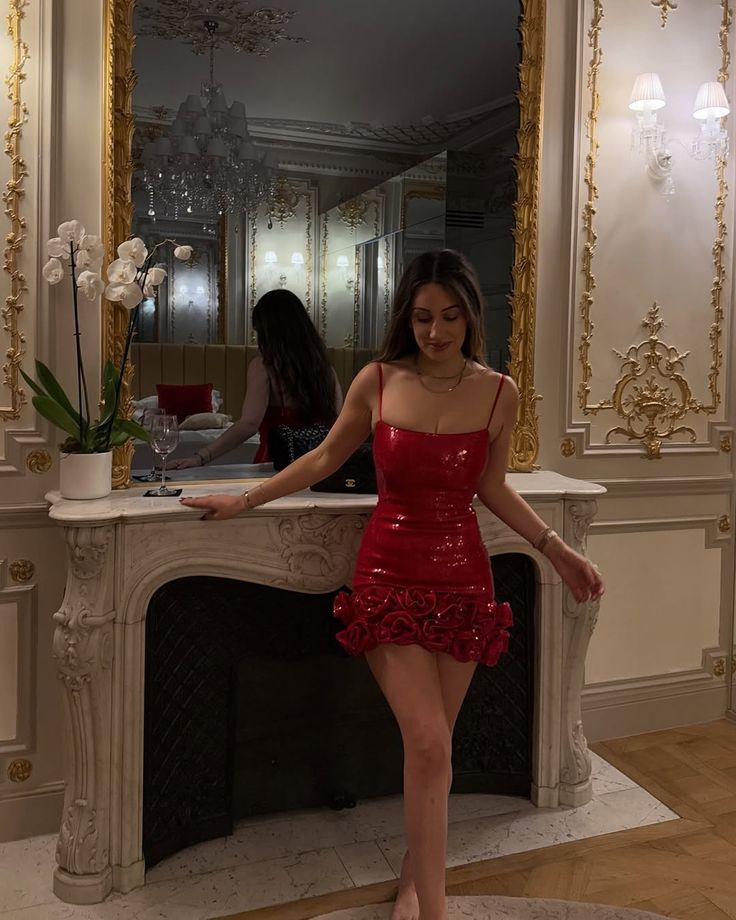 Classy Spaghetti Straps Red Sequin Sheath Homecoming Dress Short Prom Dress S987