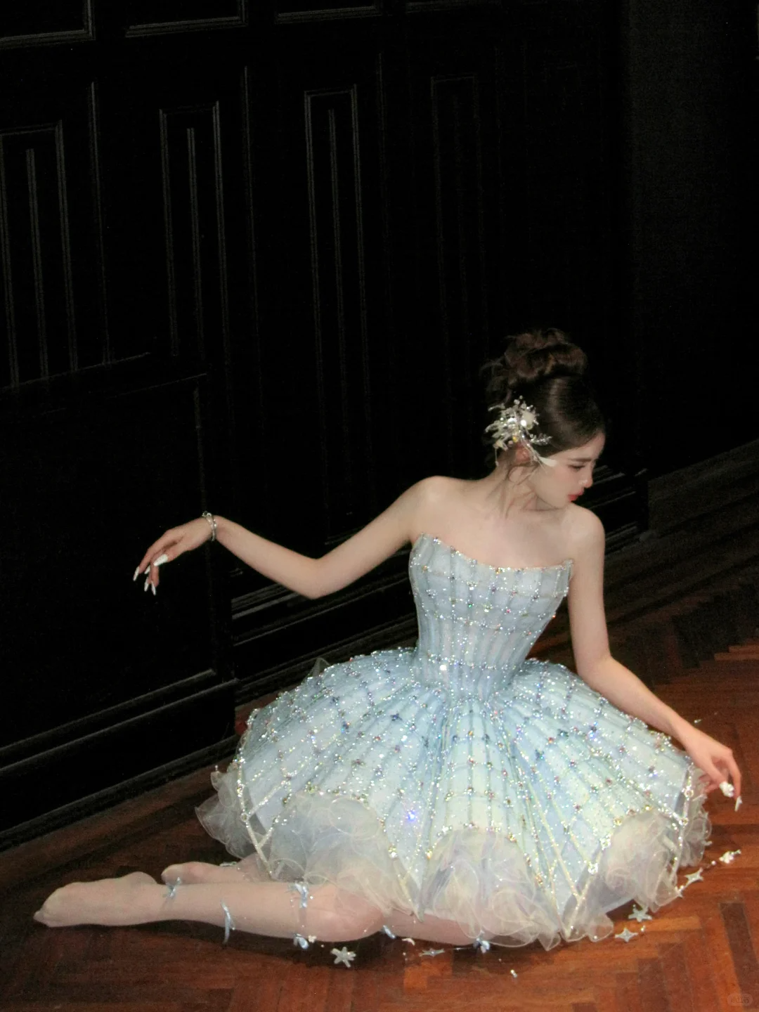 Glitter Blue Strapless Tulle Sequin Beaded A Line Short Homecoming Dress 18th Princess Birthday Outfits D051