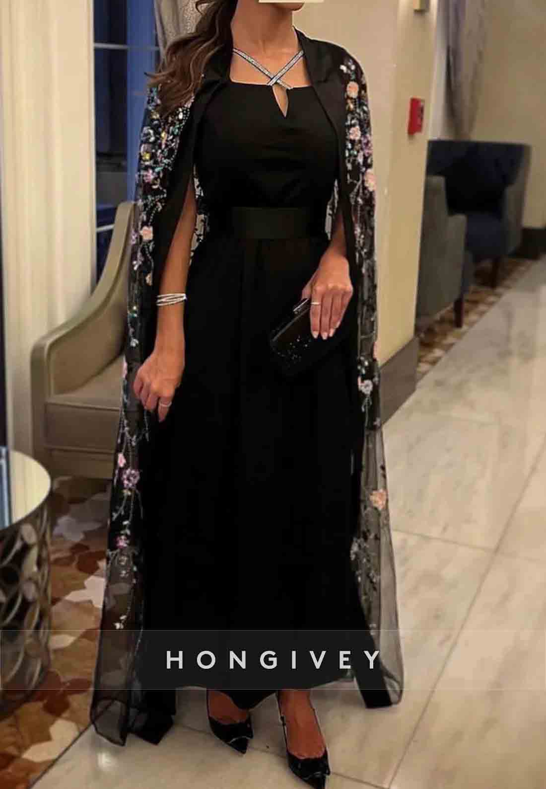 Ankle-Length Cloak A-line Beading Crisscross Neck Evening Gown