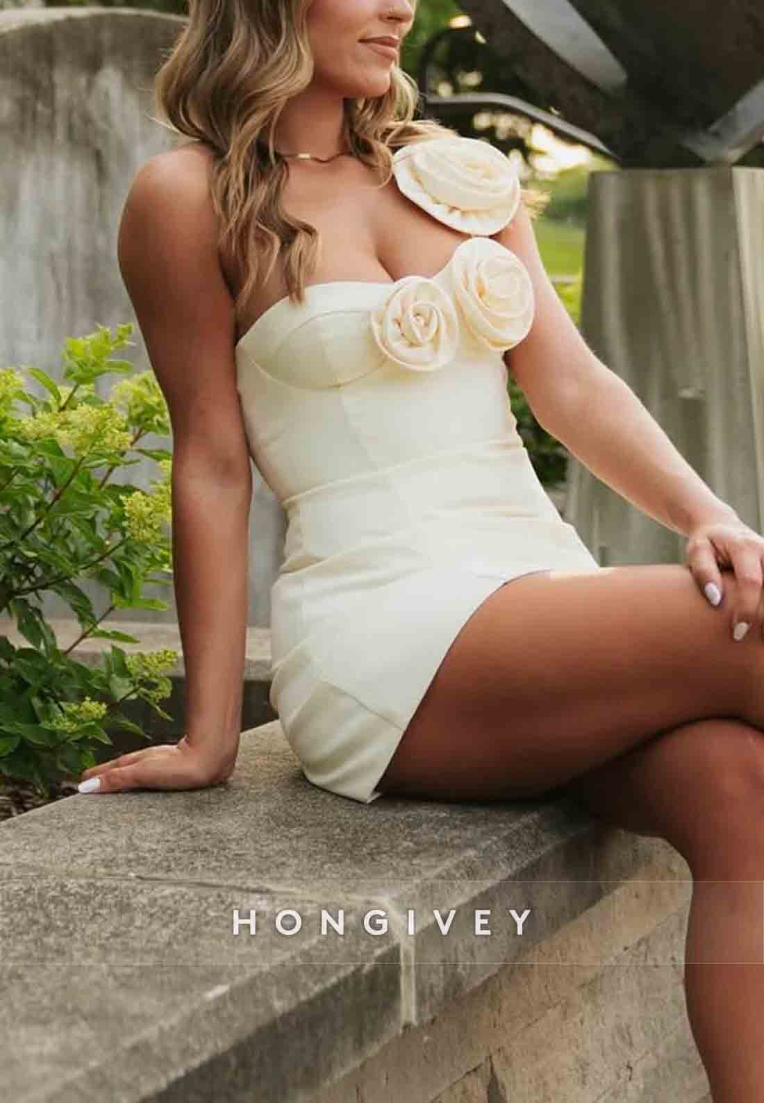 Fashionable Sheath One Shoulder Light Yellow Short Homecoming Dress with 3D Flowers