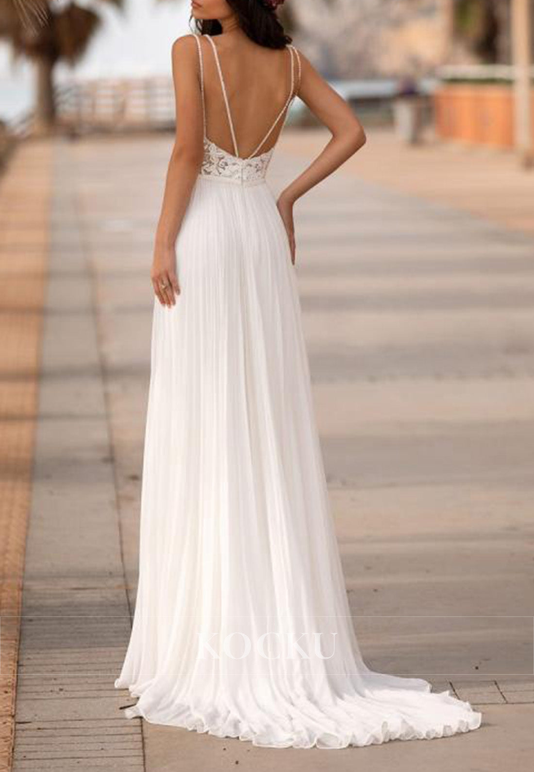 Spaghetti Strap Lace Wedding Dress with High Slit & Open Back Train