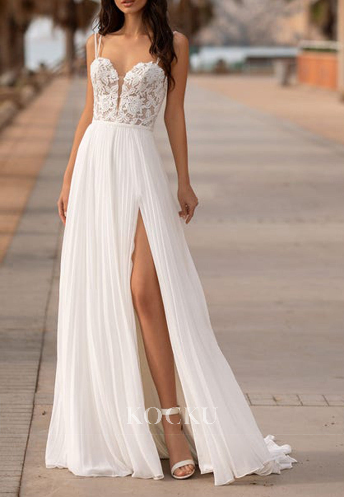 Spaghetti Strap Lace Wedding Dress with High Slit & Open Back Train