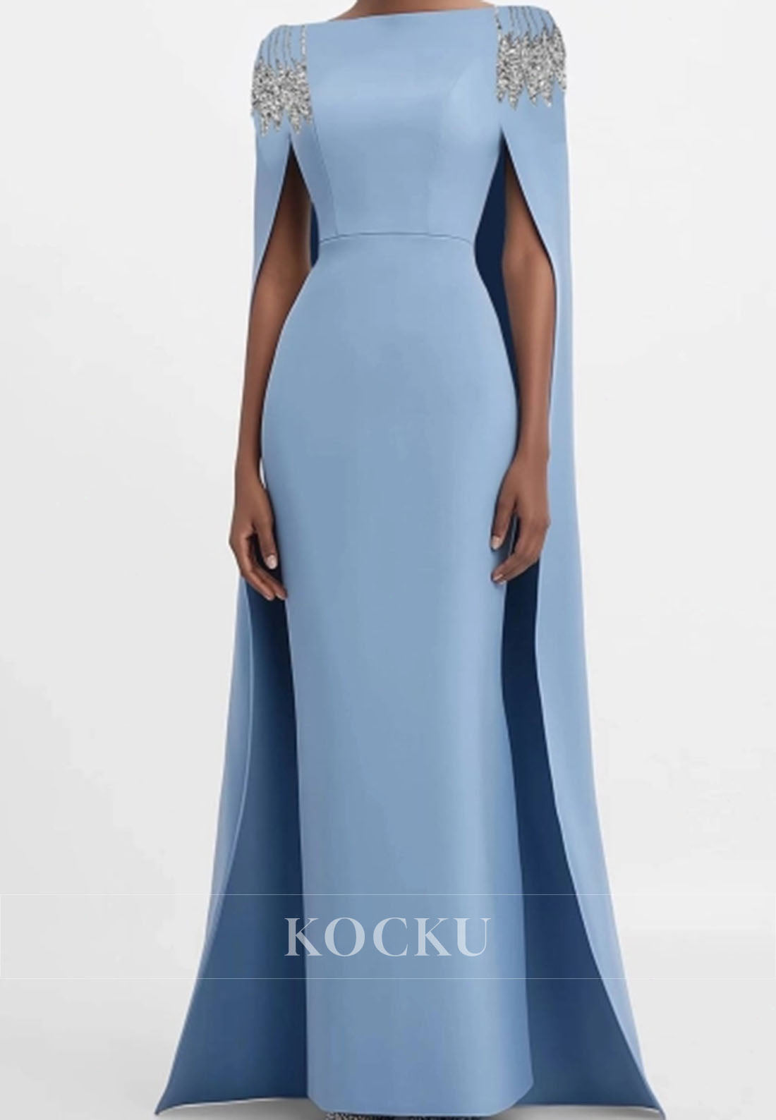 Elegant Strapless Beaded Cape Maxi Sheath Satin Wedding Guest Dress