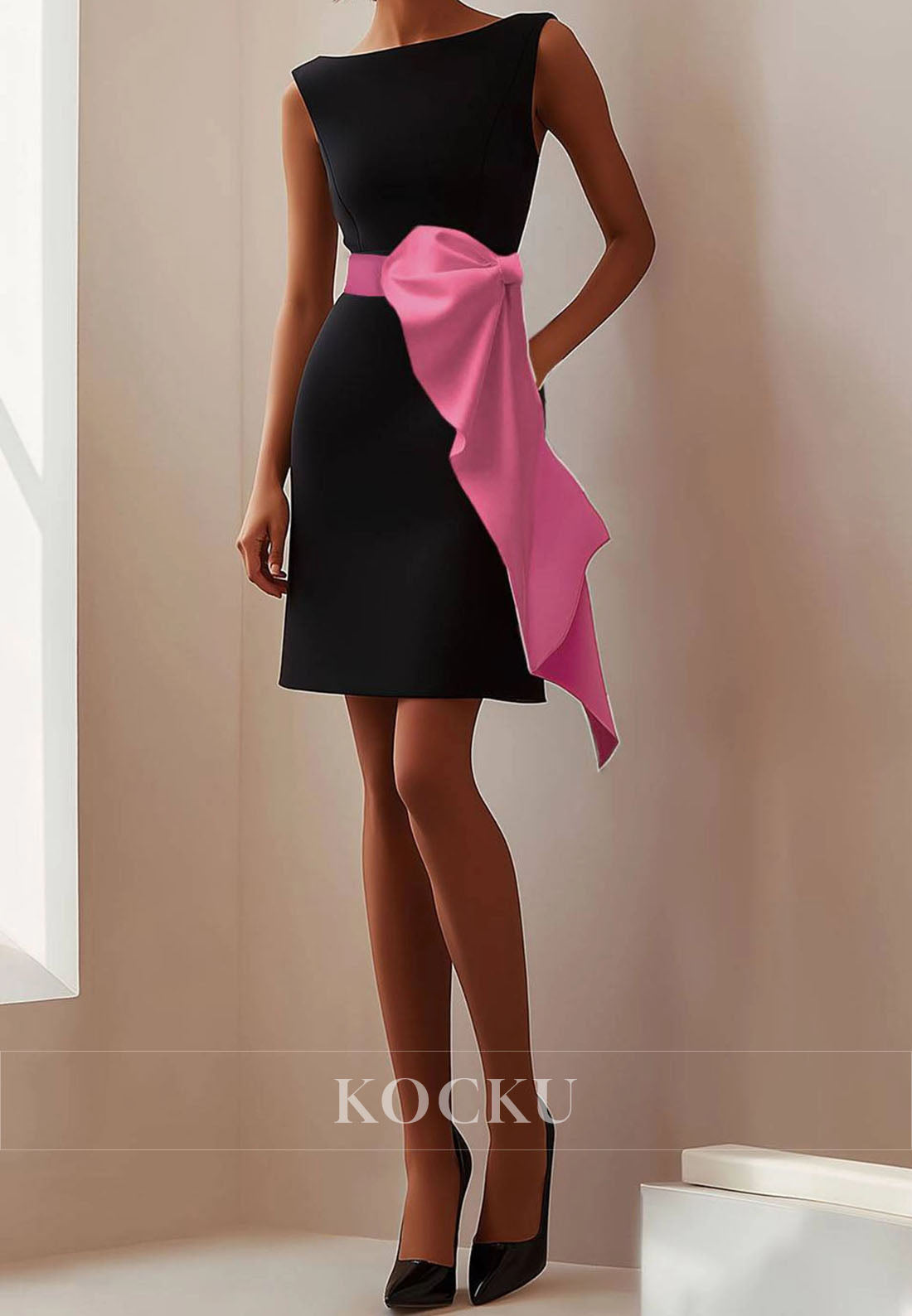 Bateau Neck Straps Sheath Short Satin Wedding Guest Dress with Pink Belt Party Gowns