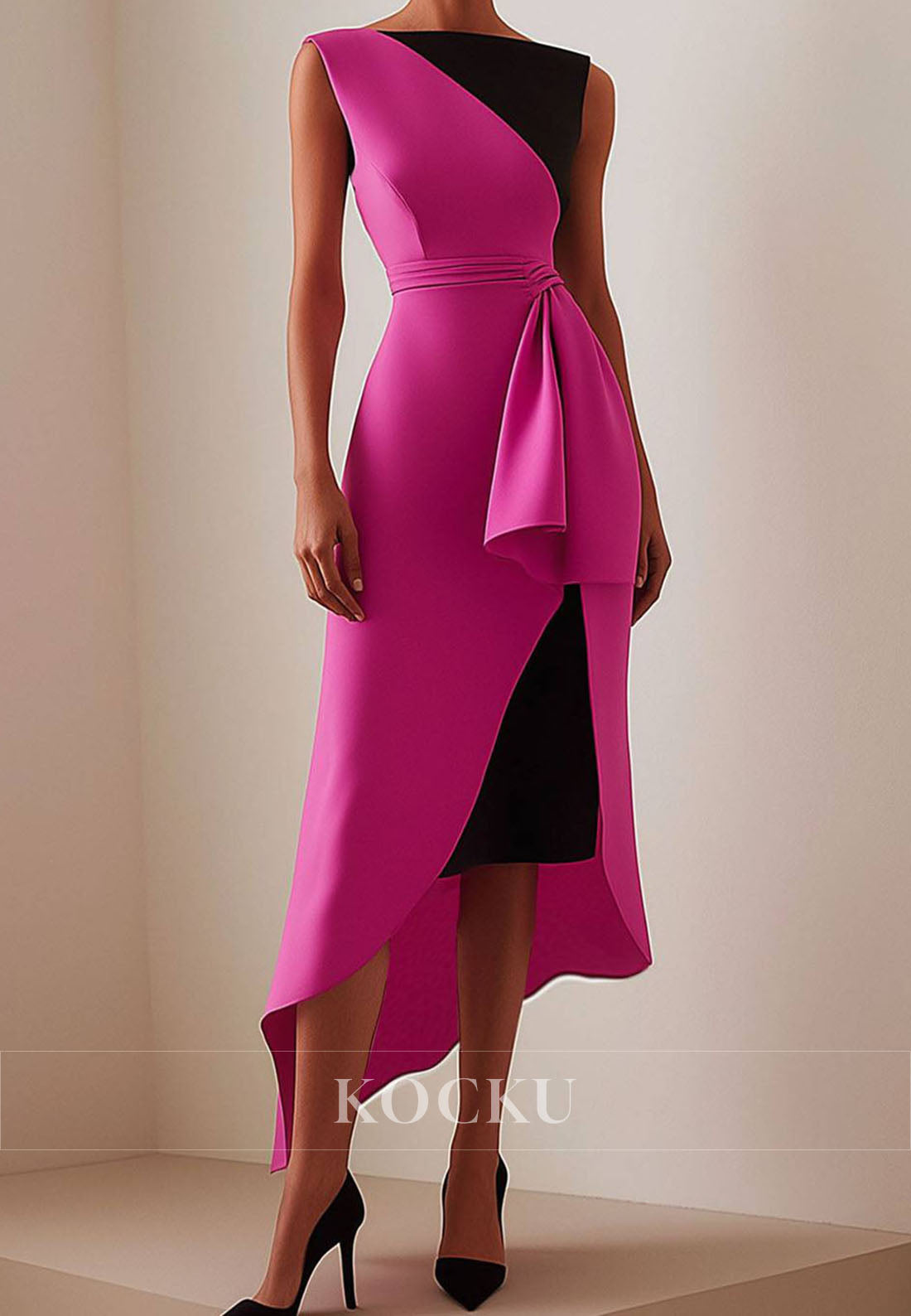 Splicing Color Sleeveless Pleated Satin Fitted High Low Wedding Guest Mid-Formal Dress