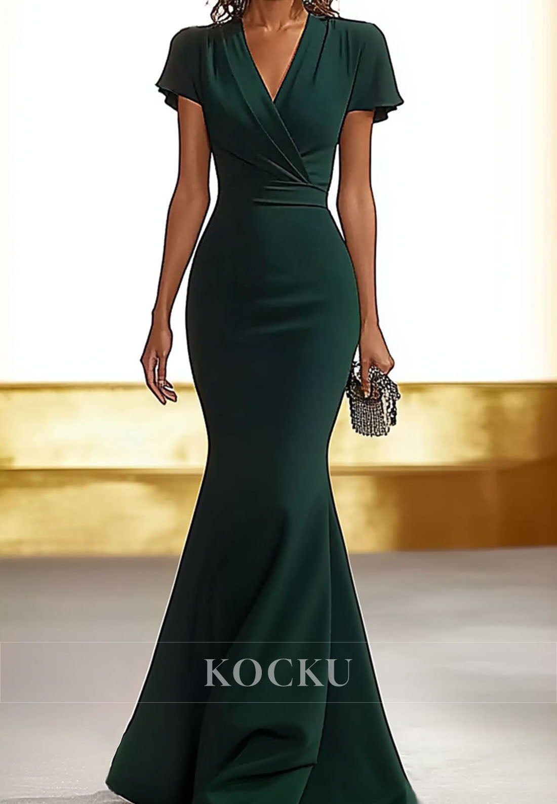 Graceful Low V-Neck Wedding Guest Dress Short Sleeves Mermaid Satin Formal Dress