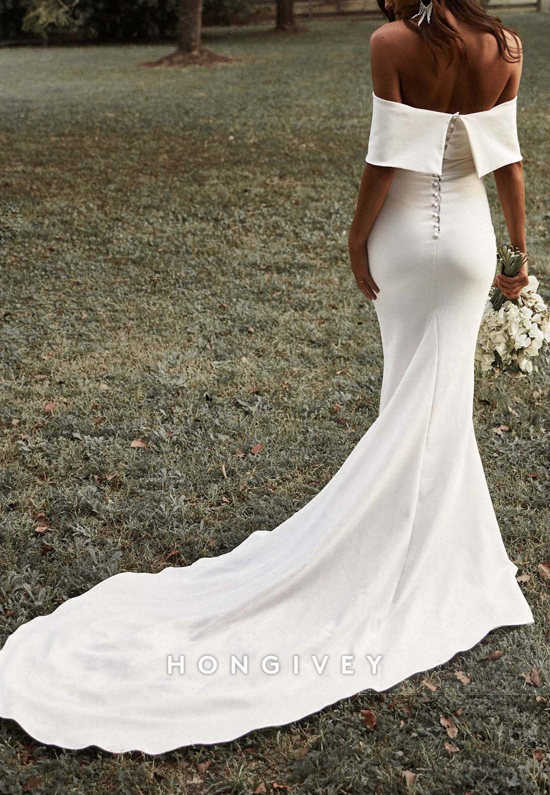 Covered Button Low Back Pleated Shawl Off the Shoulder Satin Trumpet Wedding Dresses