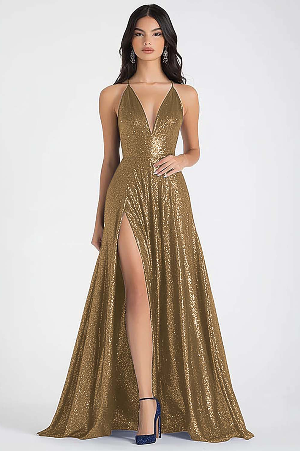 Sparkly Navy A-Line Spaghetti Straps Sequins Long Prom Dress with Slit
