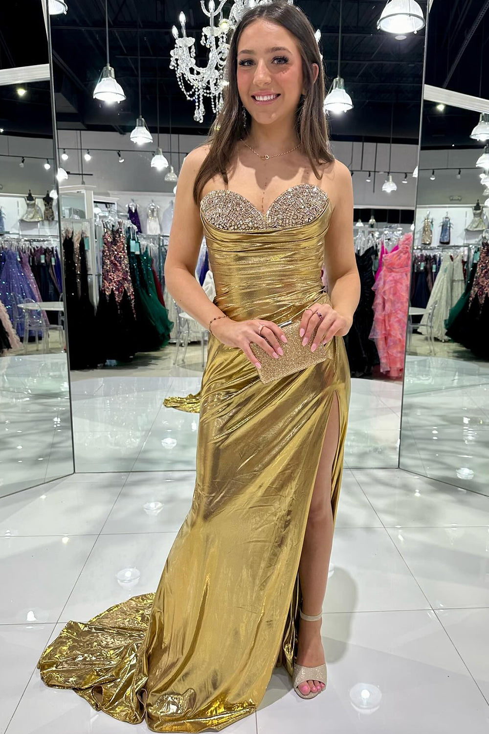 Silver Mermaid Sweetheart Long Metallic Prom Dress with Beading - Fashionpara