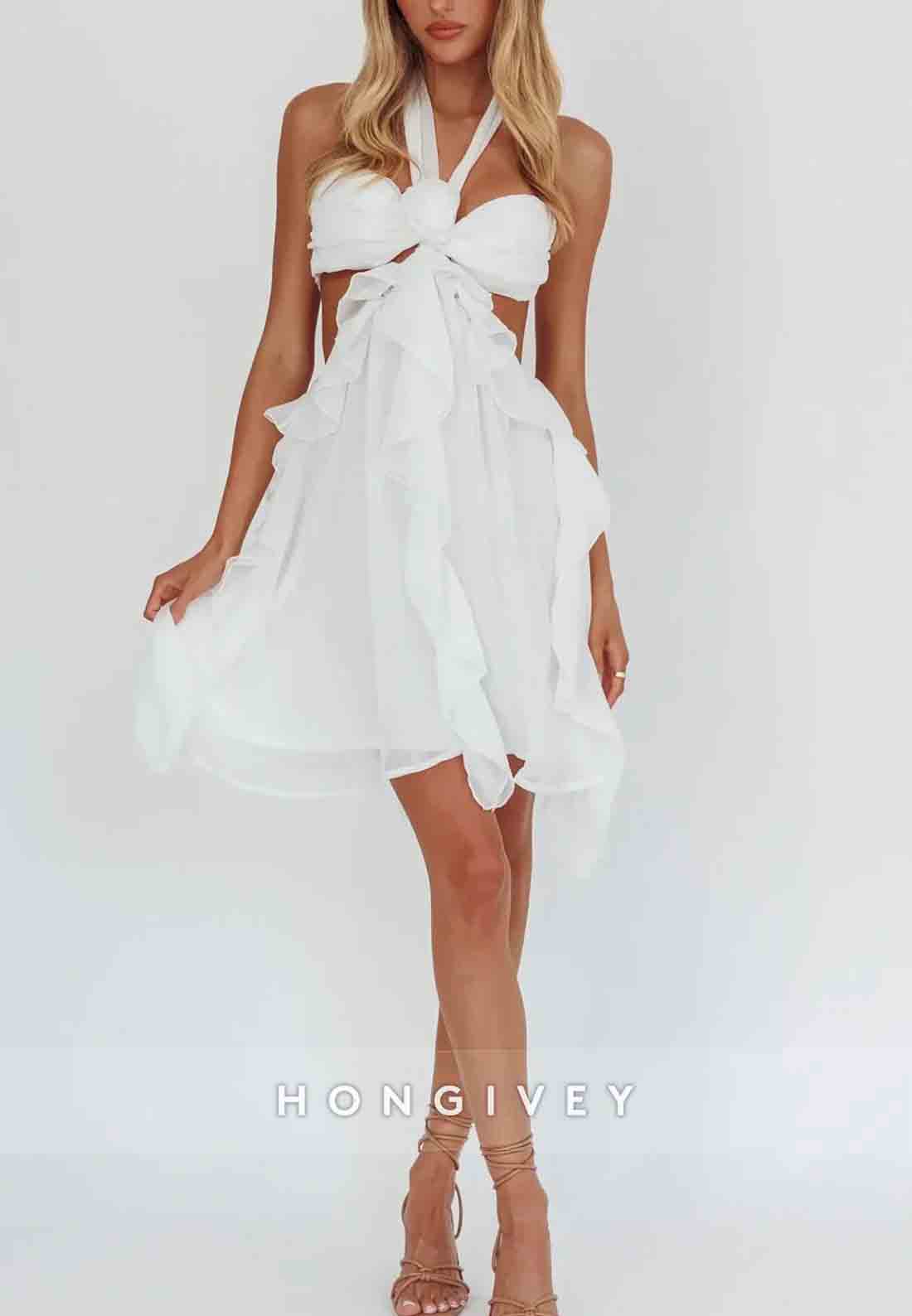 Gorgeous Halter Neck A Line Pink Short Homecoming Dress with Ruffles