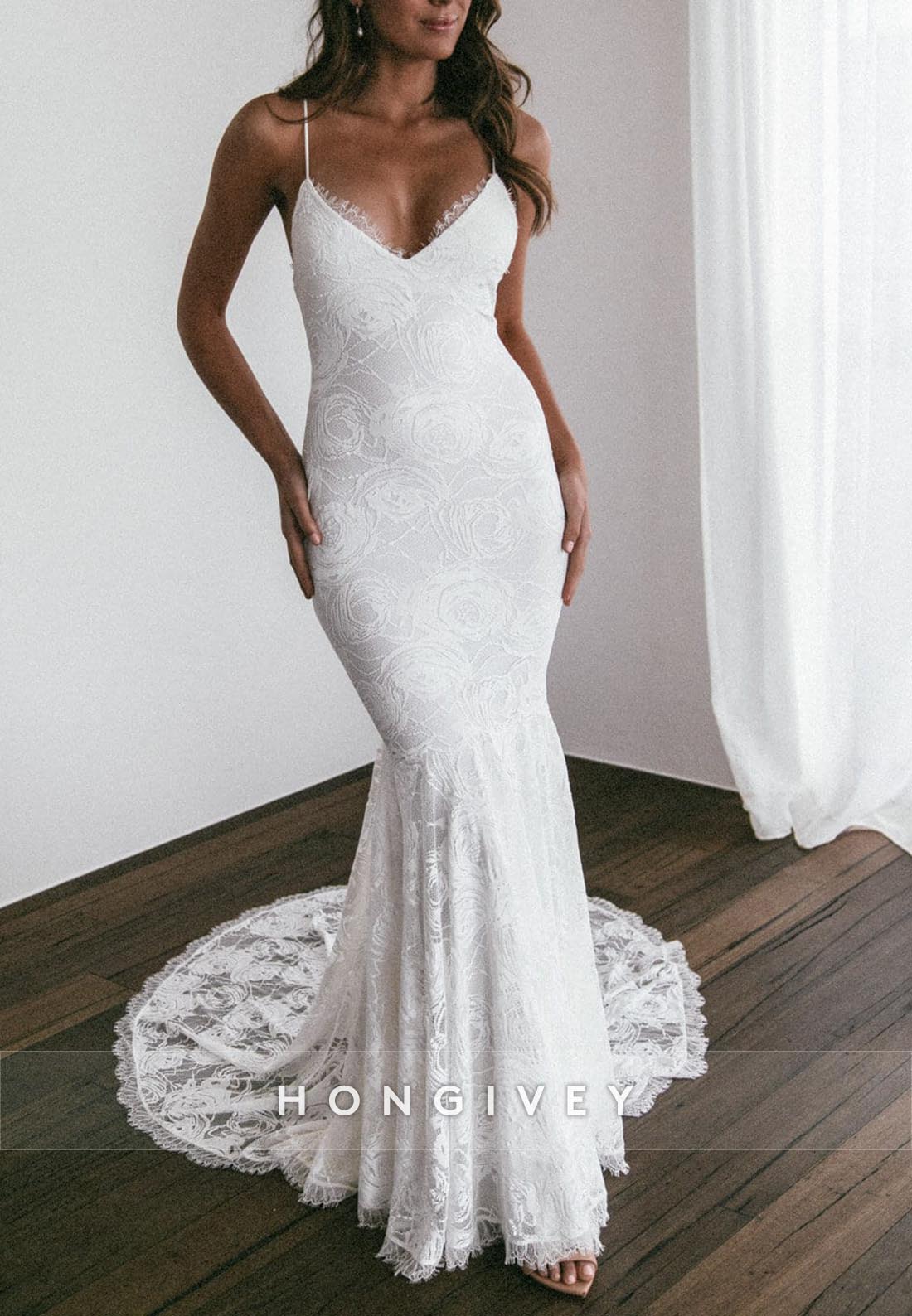 V Neck Spaghetti Straps Lace Mermaid Low Back Chapel Train Beach Wedding Dresses