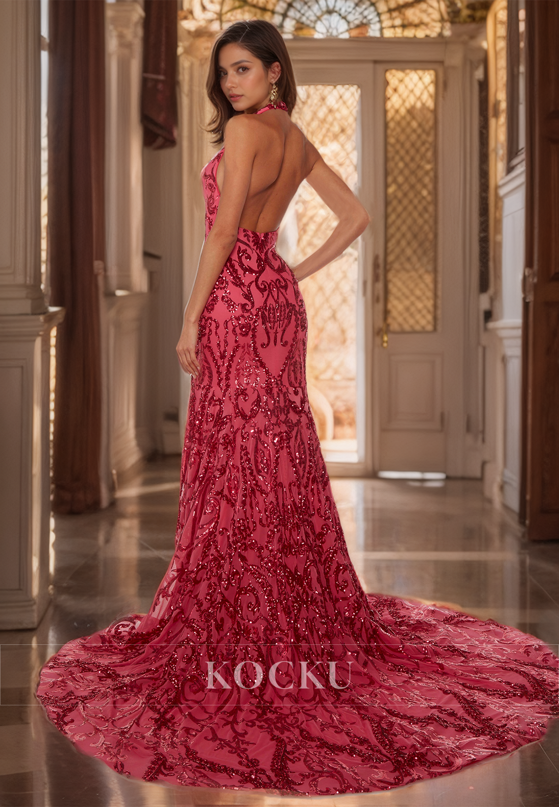 Sexy Halter V-Neck Sleeveless Appliques Mermaid Prom Party Dress with Train