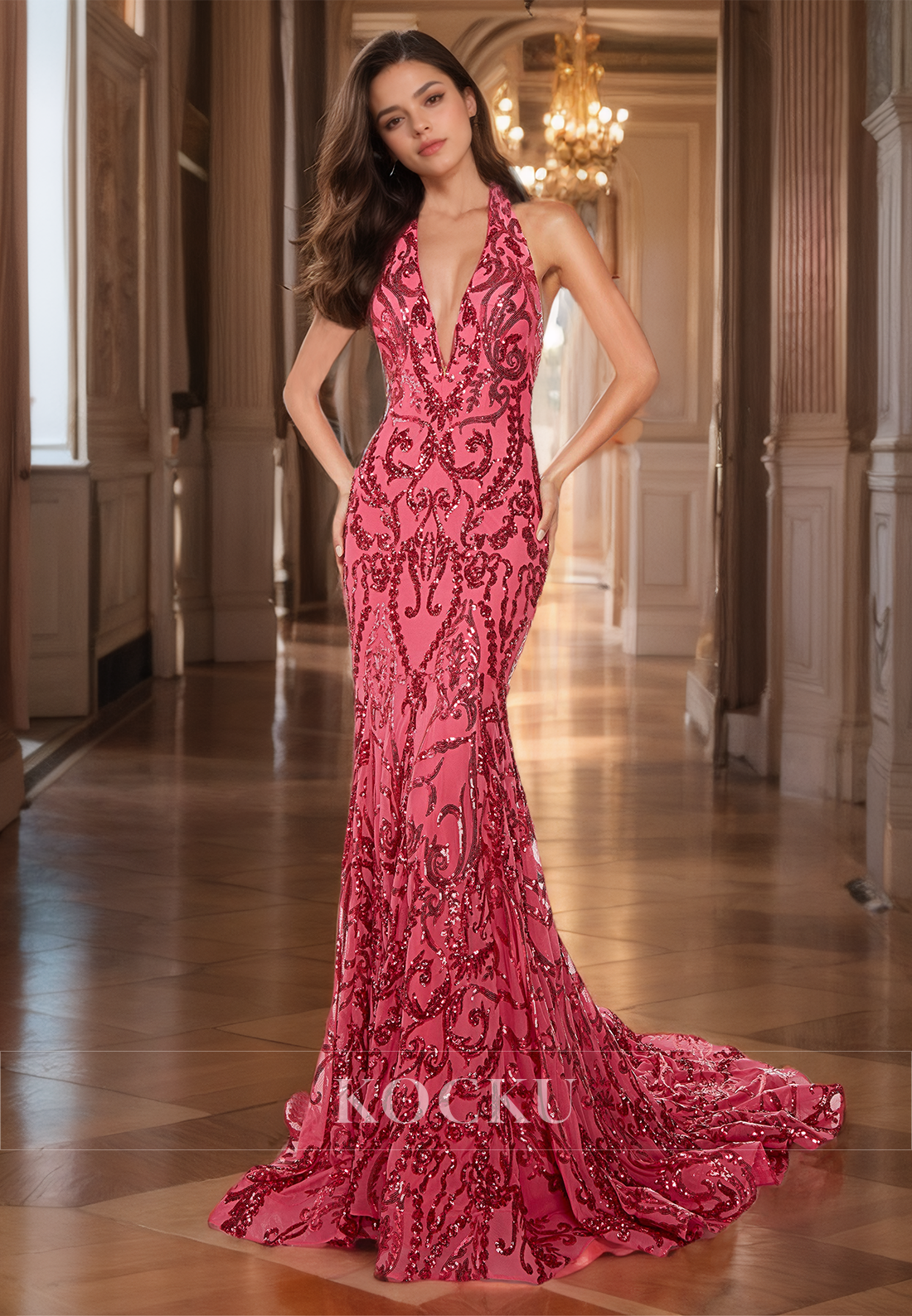 Sexy Halter V-Neck Sleeveless Appliques Mermaid Prom Party Dress with Train