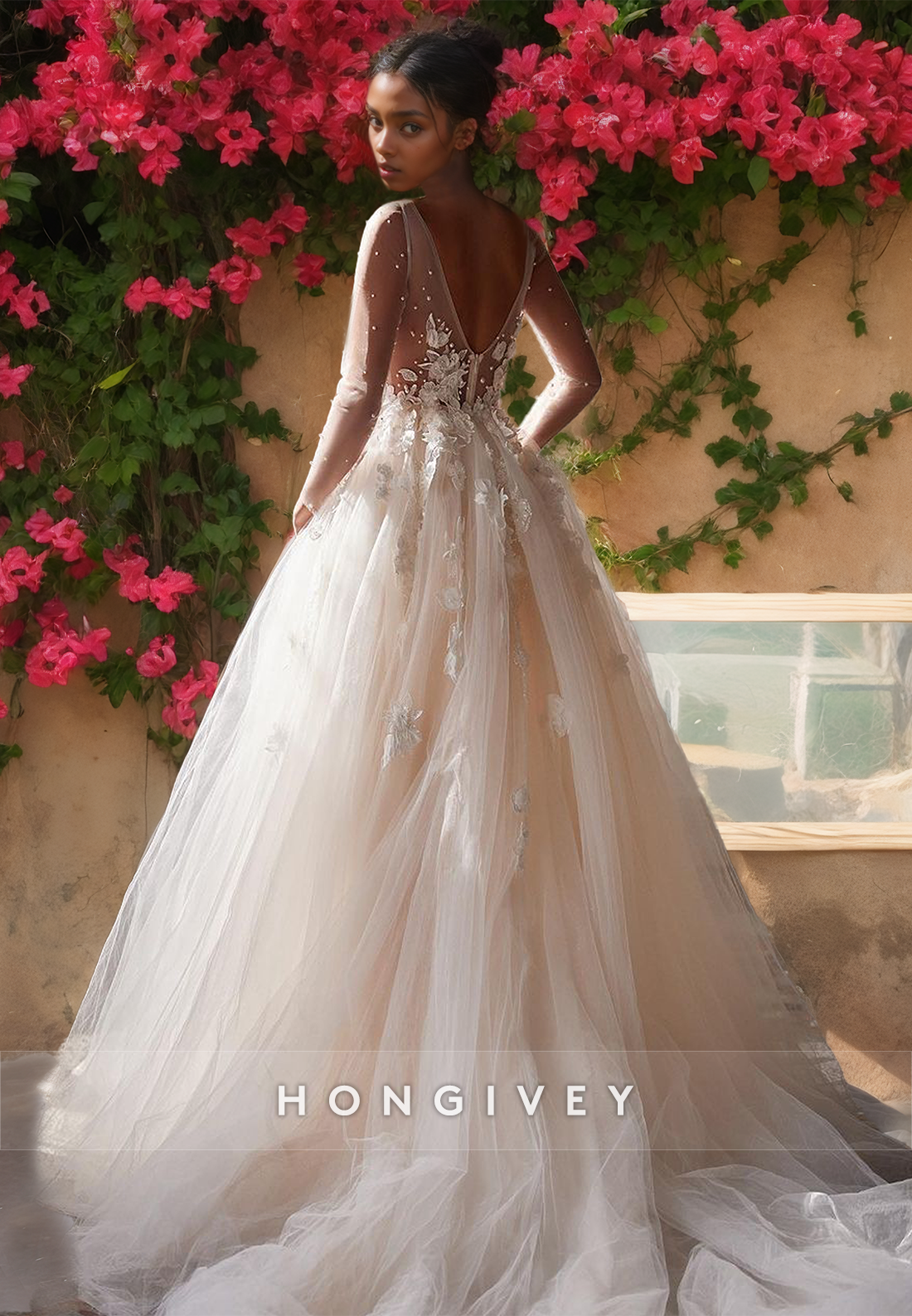 Sexy Tulle Illusion A-Line V-Neck Long Sleeves Appliques With Train Wedding Dress