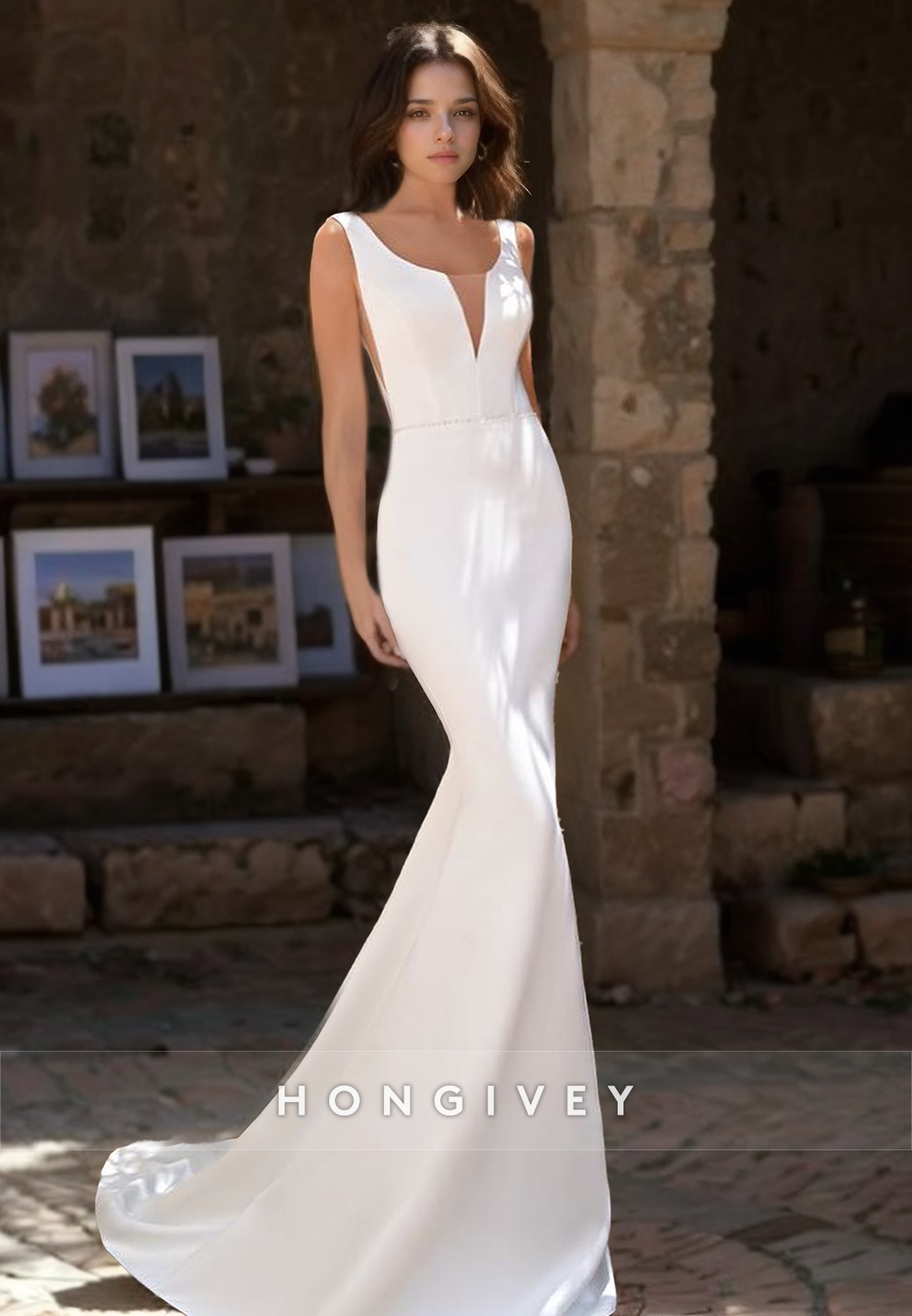 Chic Satin Trumpt V-Neck Straps Sleeveless With Train Boho/Beach Wedding Dress