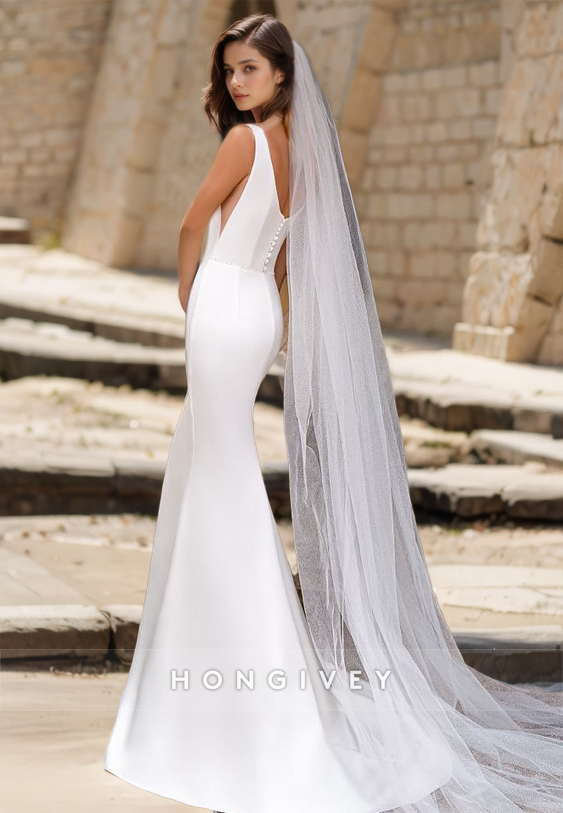 Chic Satin Trumpt V-Neck Straps Sleeveless With Train Boho/Beach Wedding Dress