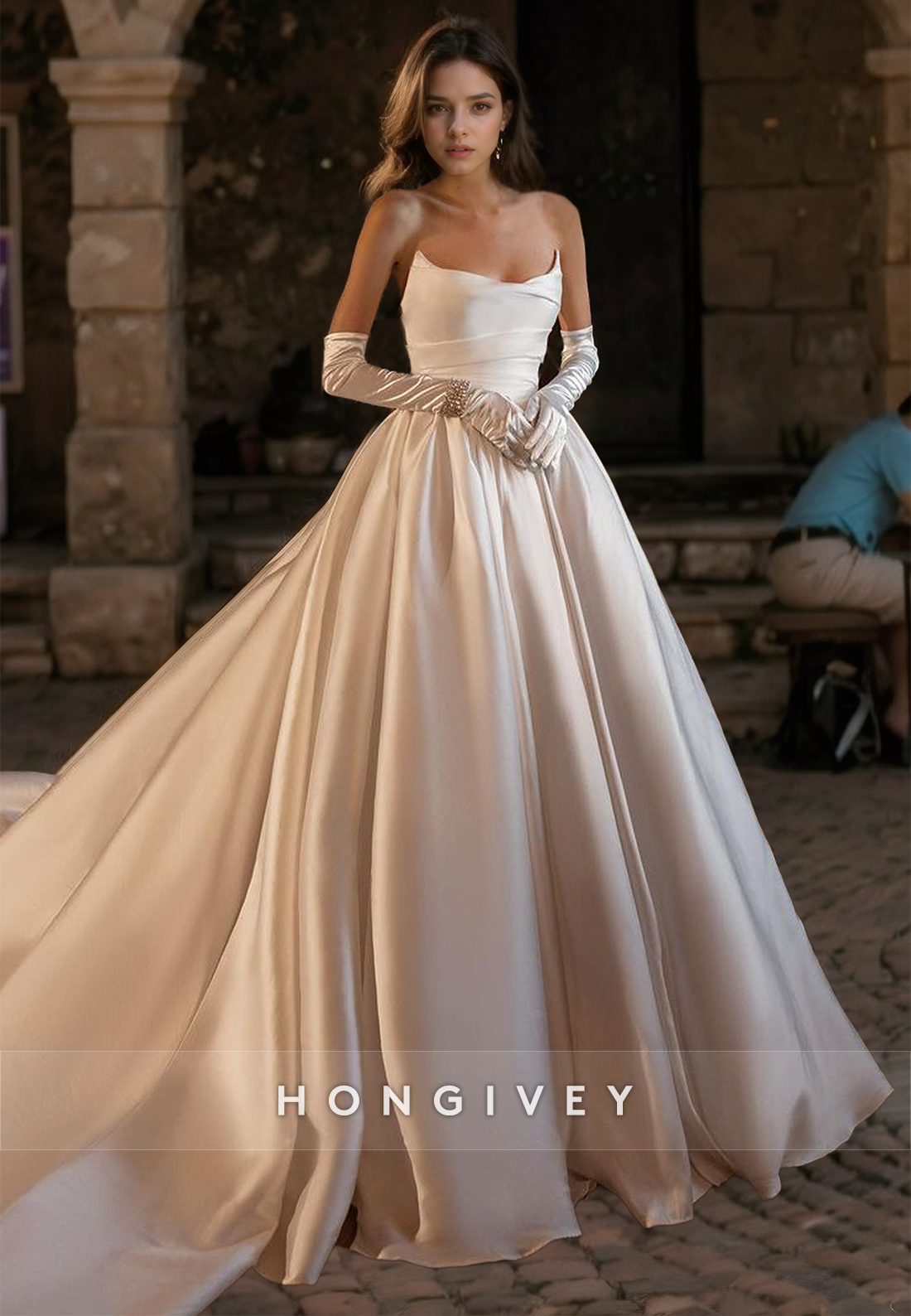 Elegant Satin A-Link Bateau Strapless Ruched Gloves With Train Wedding Dress