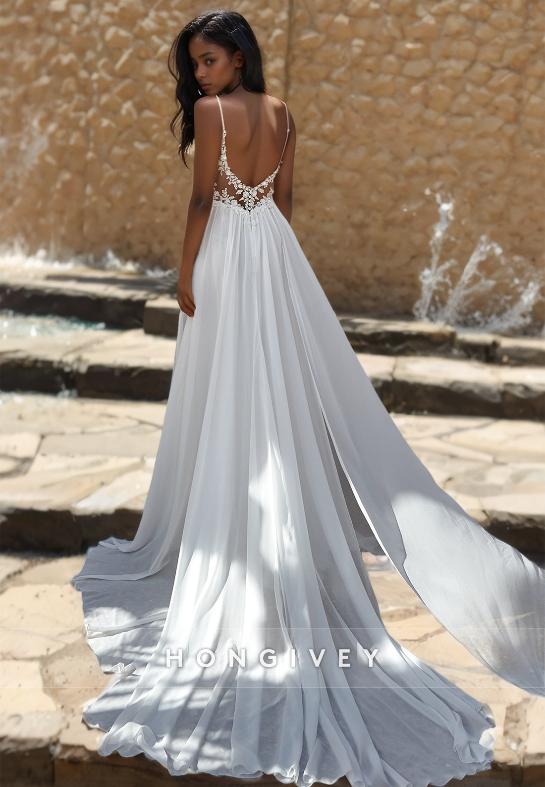 Floral Lace Embossed Open Back Plunging Illusion With Train And Overlay Long Wedding Dress