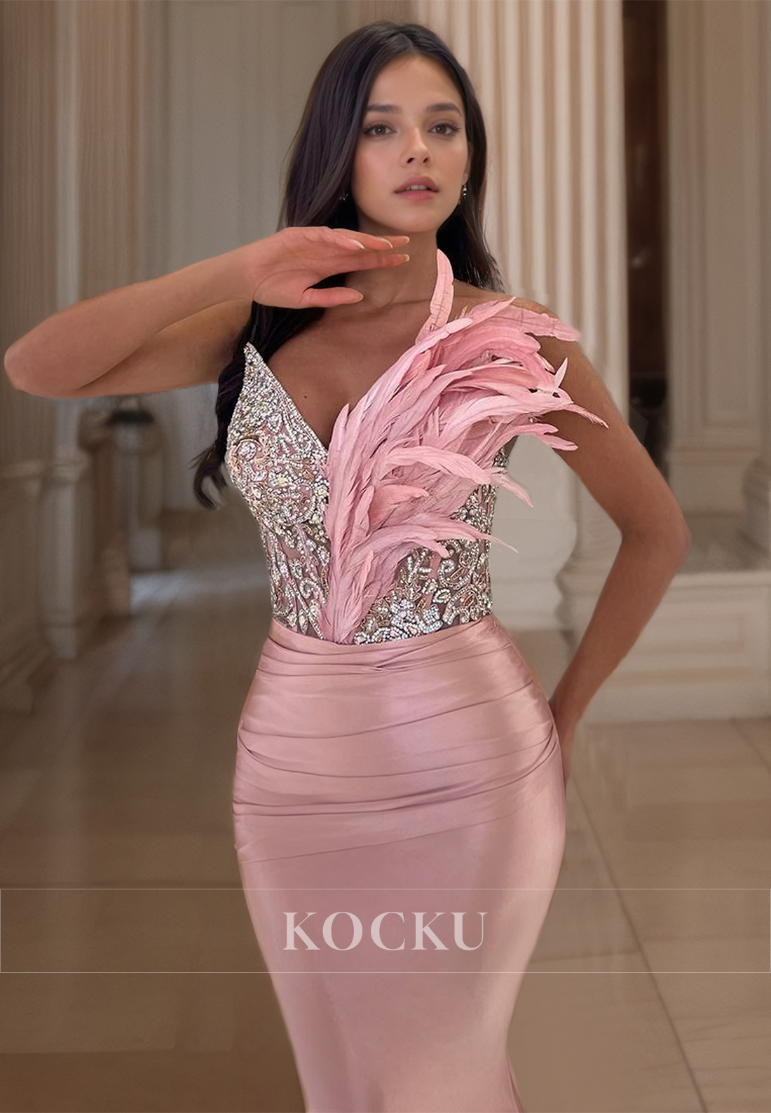 V-Neck Sleeveless Mermaid Sweep Train Beaded Pleats Satin Prom Dress Party Dress with Feather
