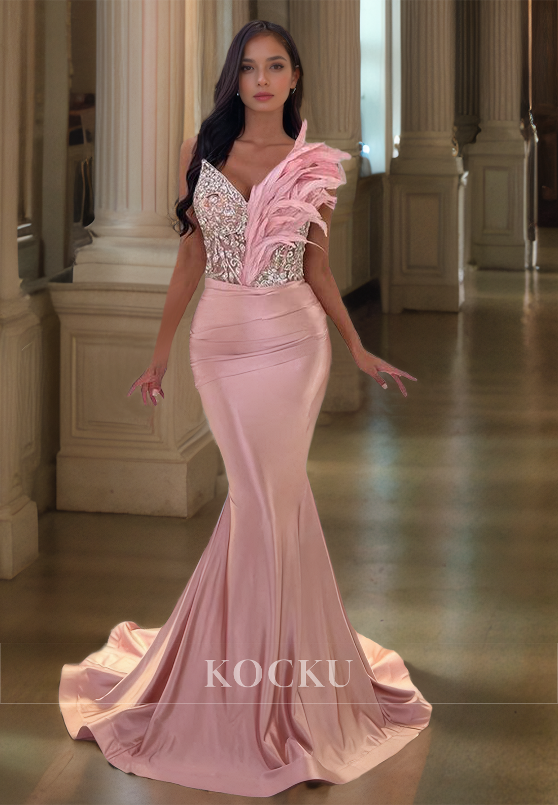 V-Neck Sleeveless Mermaid Sweep Train Beaded Pleats Satin Prom Dress Party Dress with Feather