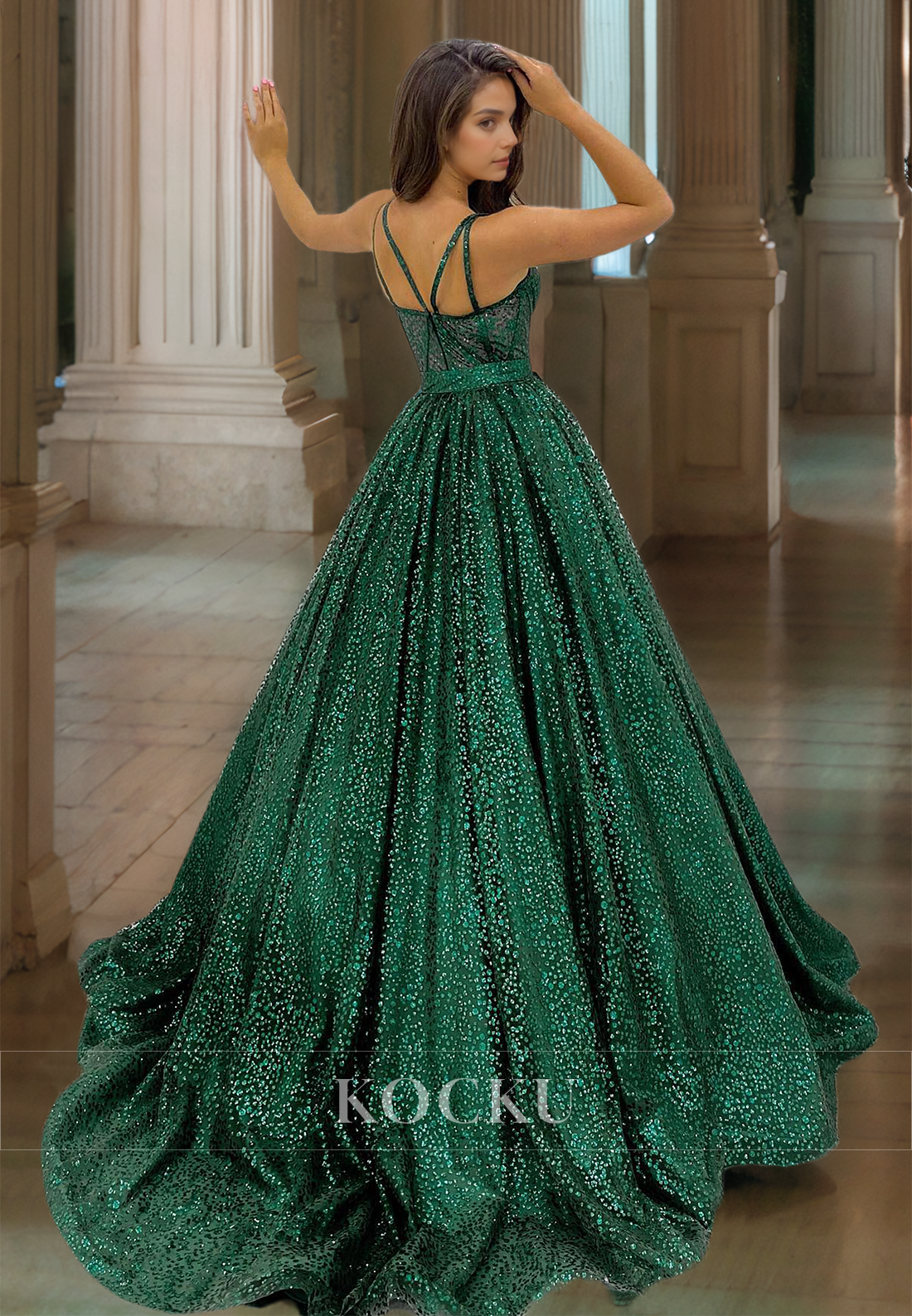 A-Line Spaghetti Straps Sweetheart Stripe Pleats Glitter Prom Dress with Train Evening Dress