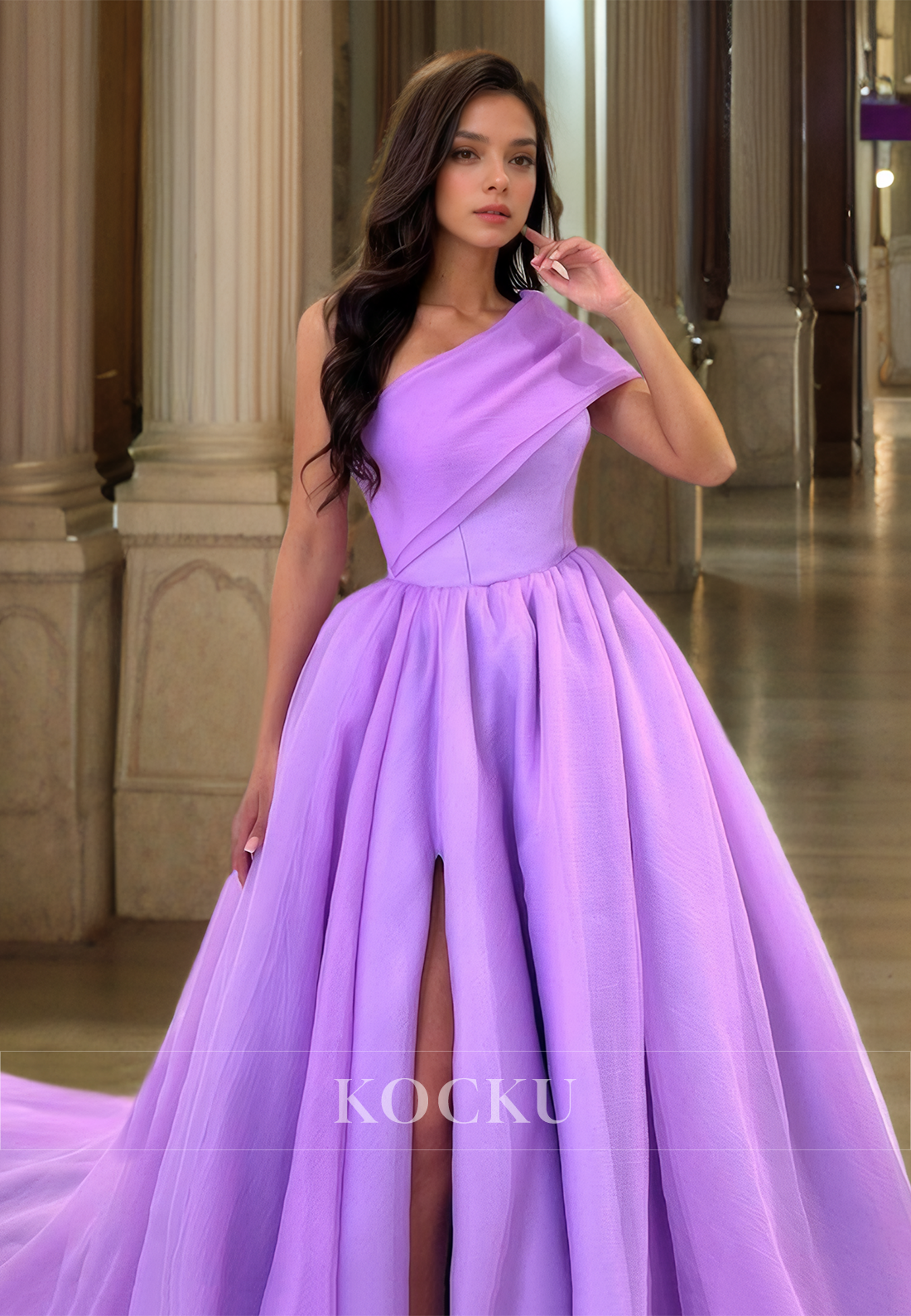 One Shoulder A-Line Sleeveless High Slit Pleated Lace Party Dress Prom Dress with Train