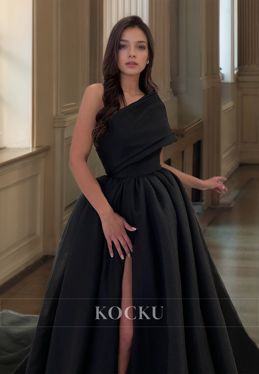 One Shoulder A-Line Sleeveless High Slit Pleated Lace Party Dress Prom Dress with Train