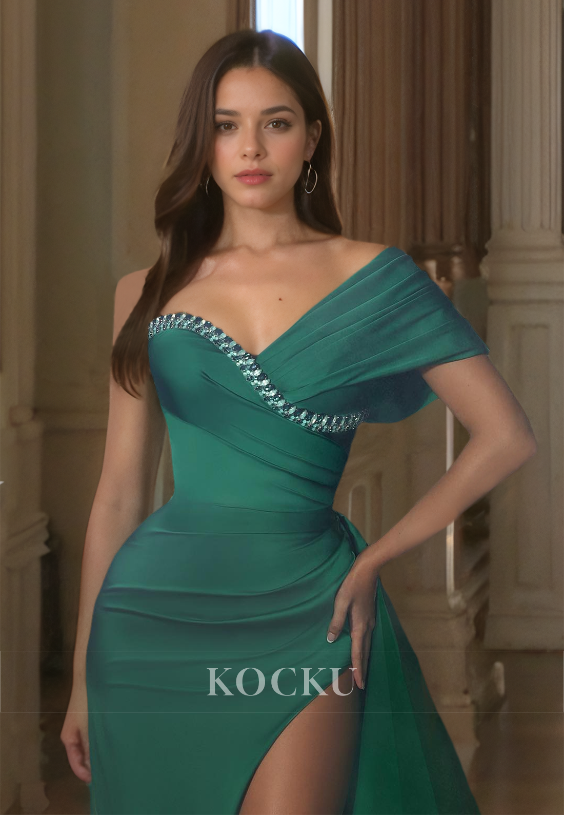 One Shoulder Sleeveless High Slit Sheath Pleated Satin Formal Gowns with Beads Prom Dress