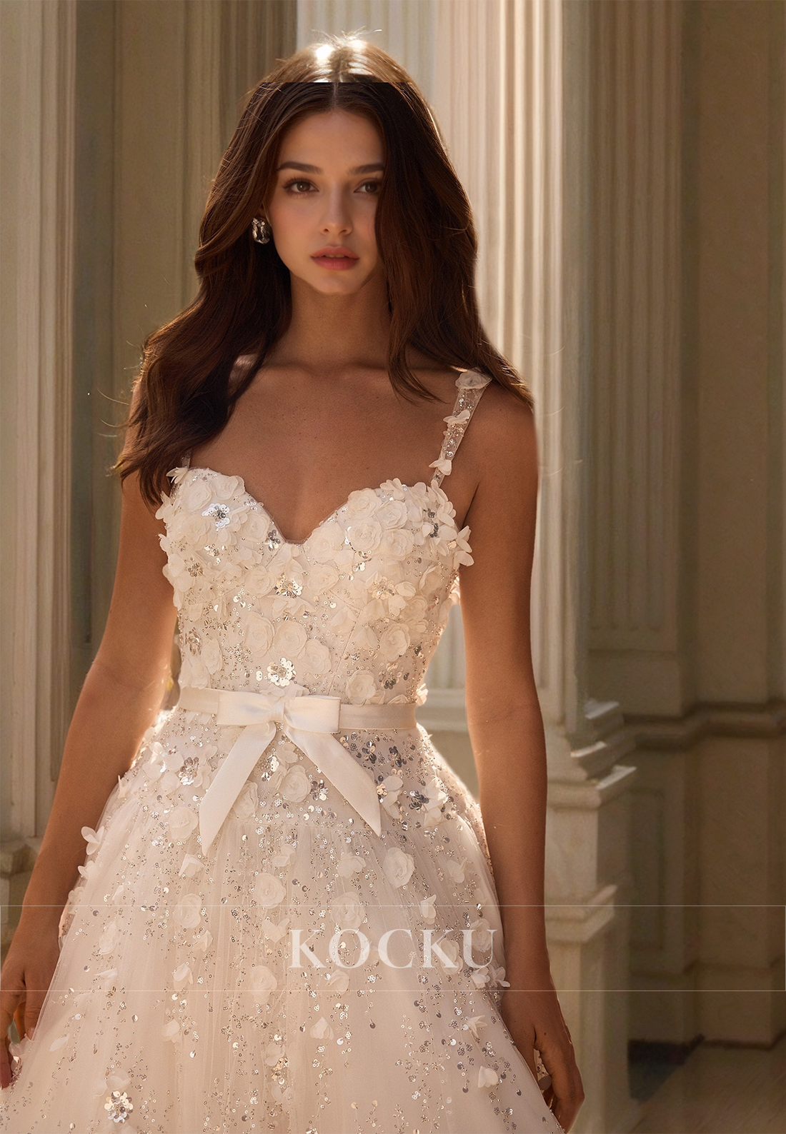A-Line Sweetheart Straps Sleeveless Train Floral Sequin Lace Prom Dress Evening Dress with Bow
