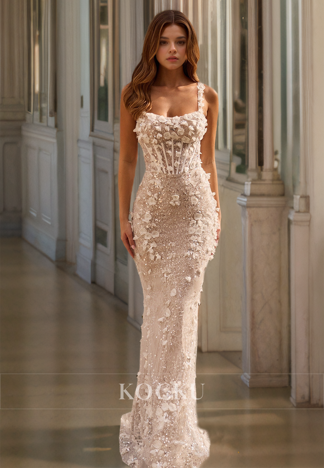 Tube Top Straps Mermaid Sleeveless Train Stripe Sequin Lace Prom Dress Formal Gown with Floral