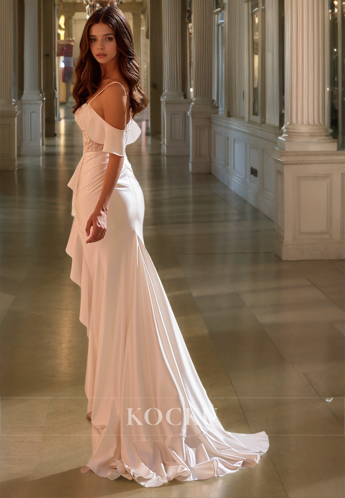 Spaghetti Straps Sheath Sleeveless Stripe Appliques Pleats Lace Prom Dress Evening Dress with Slit
