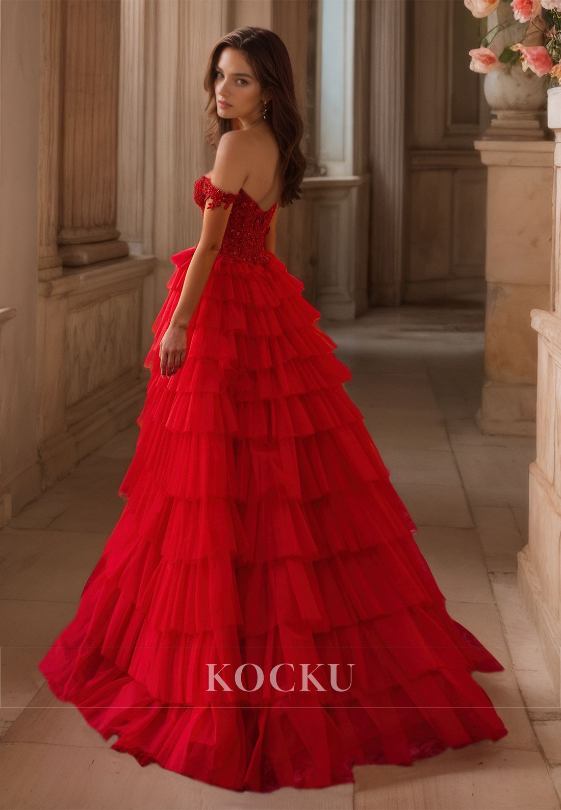 Off-Shoulder A-Line Sweetheart Sleeveless High Slit Lace Prom Dress with Appliques Evening Dress