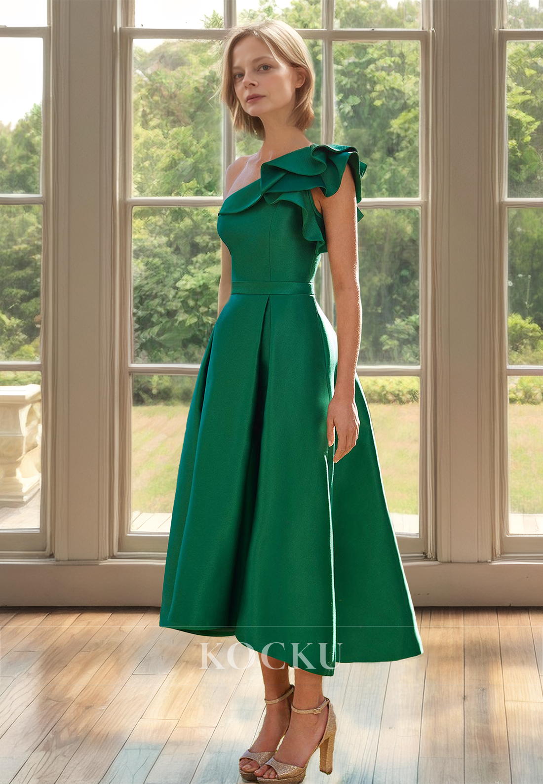 A-Line One Shoulder Sleeveless Pleated Satin Mother of Bride Dress Cocktail Dress with Pocket