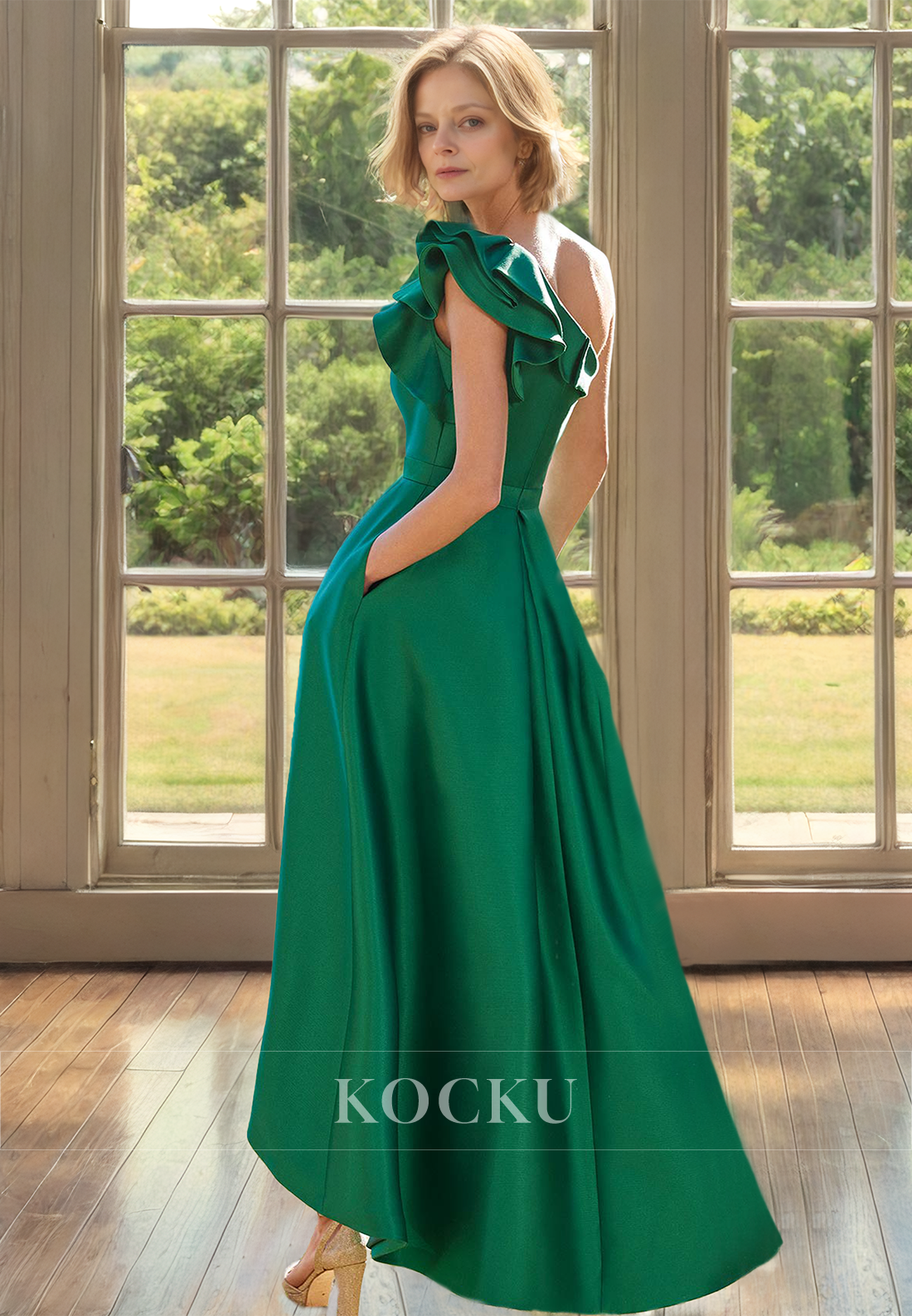 A-Line One Shoulder Sleeveless Pleated Satin Mother of Bride Dress Cocktail Dress with Pocket