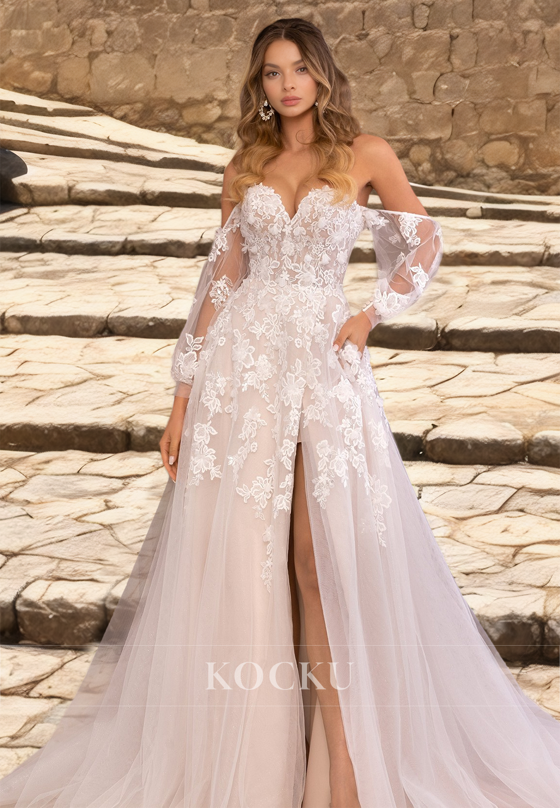 A-Line Sweetheart Long Sleeves Sweep Train Appliques Lace Wedding Dress Bridal Gowns with Slit