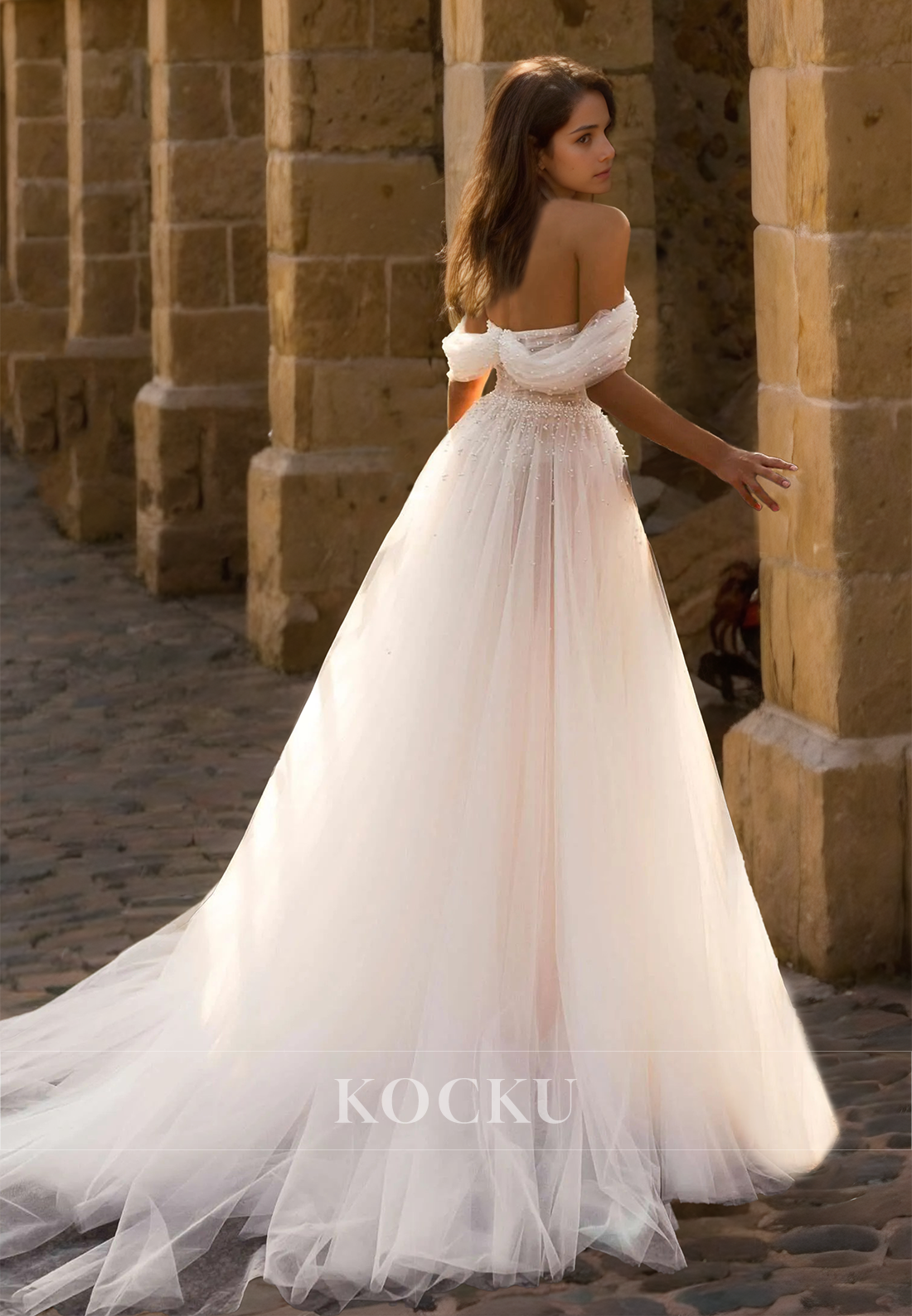A-Line Off-Shoulder Sleeveless Sweep Train Pleated Lace Bridal Gowns Wedding Dress with Beads