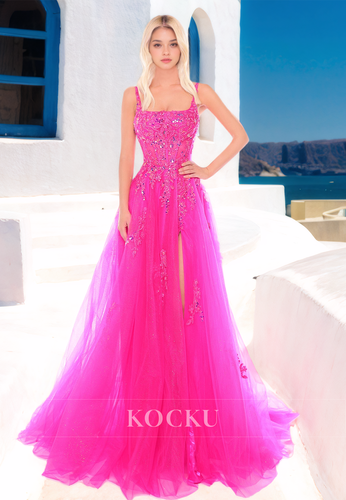 Charming Square A-Line High Slit Pleats Lace Prom Formal Evening Dress with Appliques