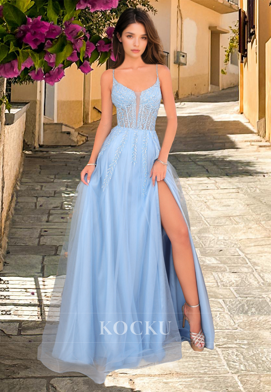 A-Line Spaghetti Straps Scoop Neck High Slit Stripe Long Pleats Lace Party Prom Dress with Applique