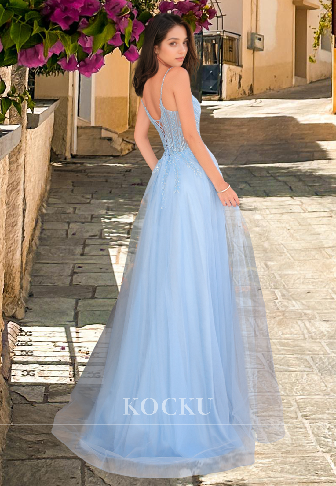 A-Line Spaghetti Straps Scoop Neck High Slit Stripe Long Pleats Lace Party Prom Dress with Applique