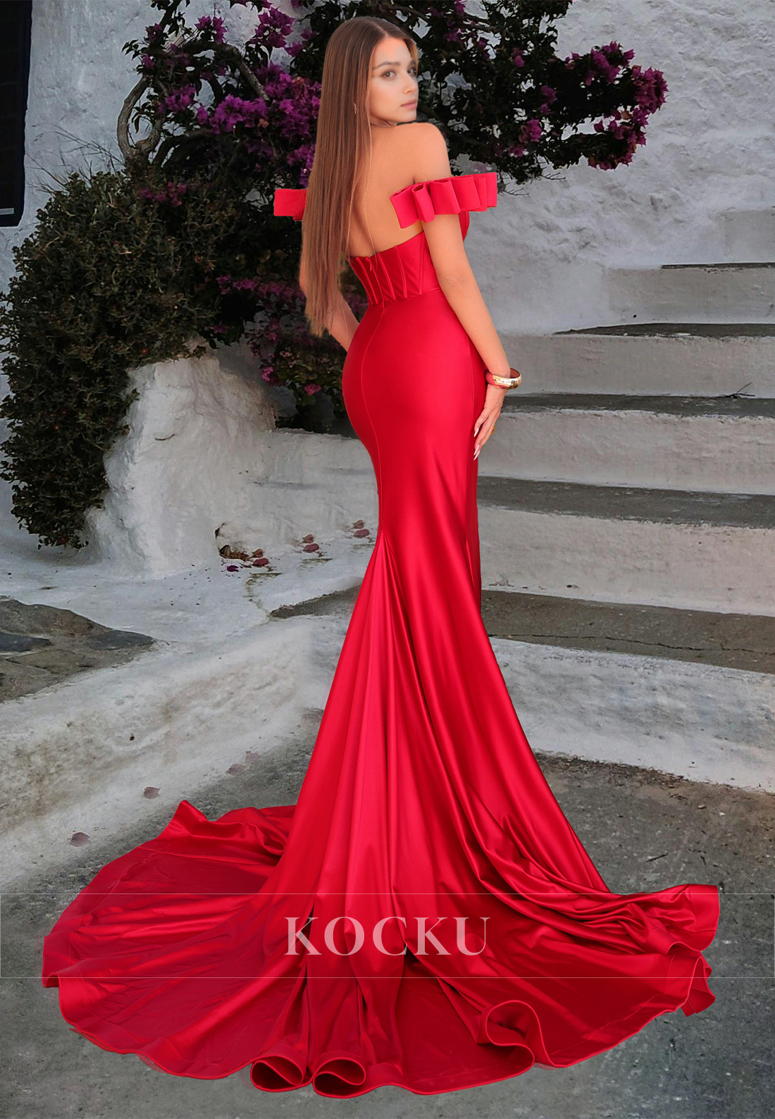 Tube Top Sleeveless Mermaid Stripe Ruched Satin Prom Formal Evening Dress with Train
