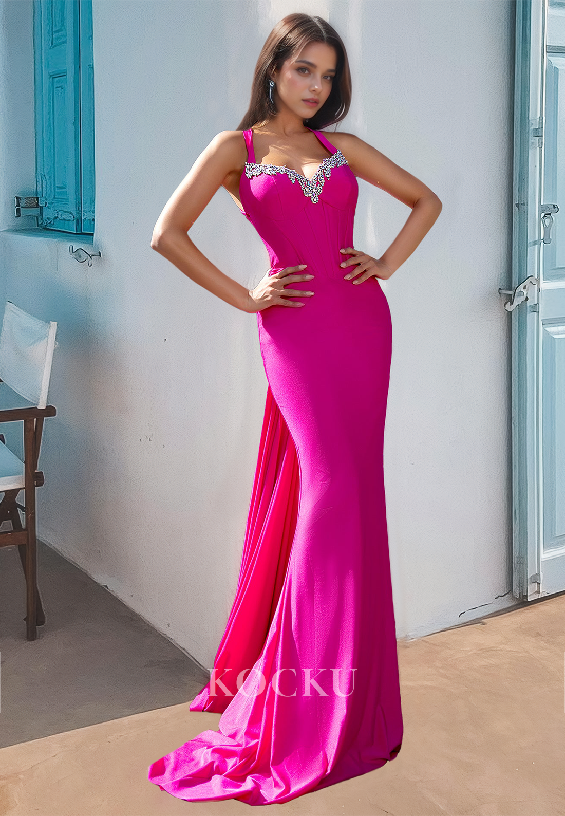 Beaded Sweetheart Straps Sleeveless Mermaid Prom Dress Formal Gowns with Sweep Train