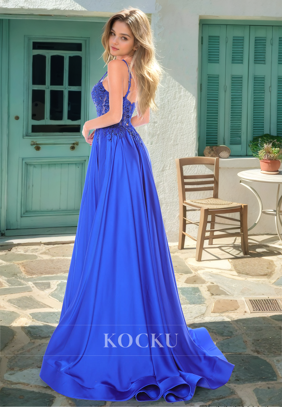 A-Line V-Neck Spaghetti Straps High Split Train Pleated Satin Evening Prom Dress with Appliques
