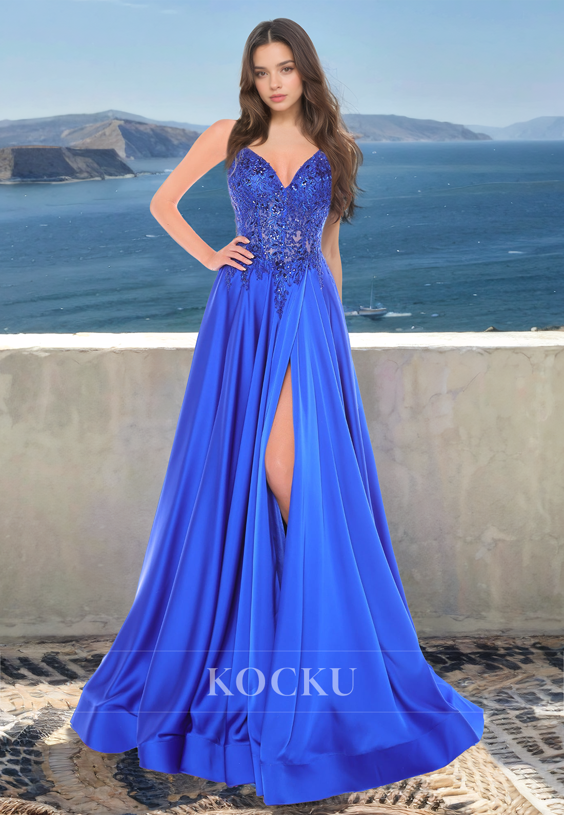 A-Line V-Neck Spaghetti Straps High Split Train Pleated Satin Evening Prom Dress with Appliques