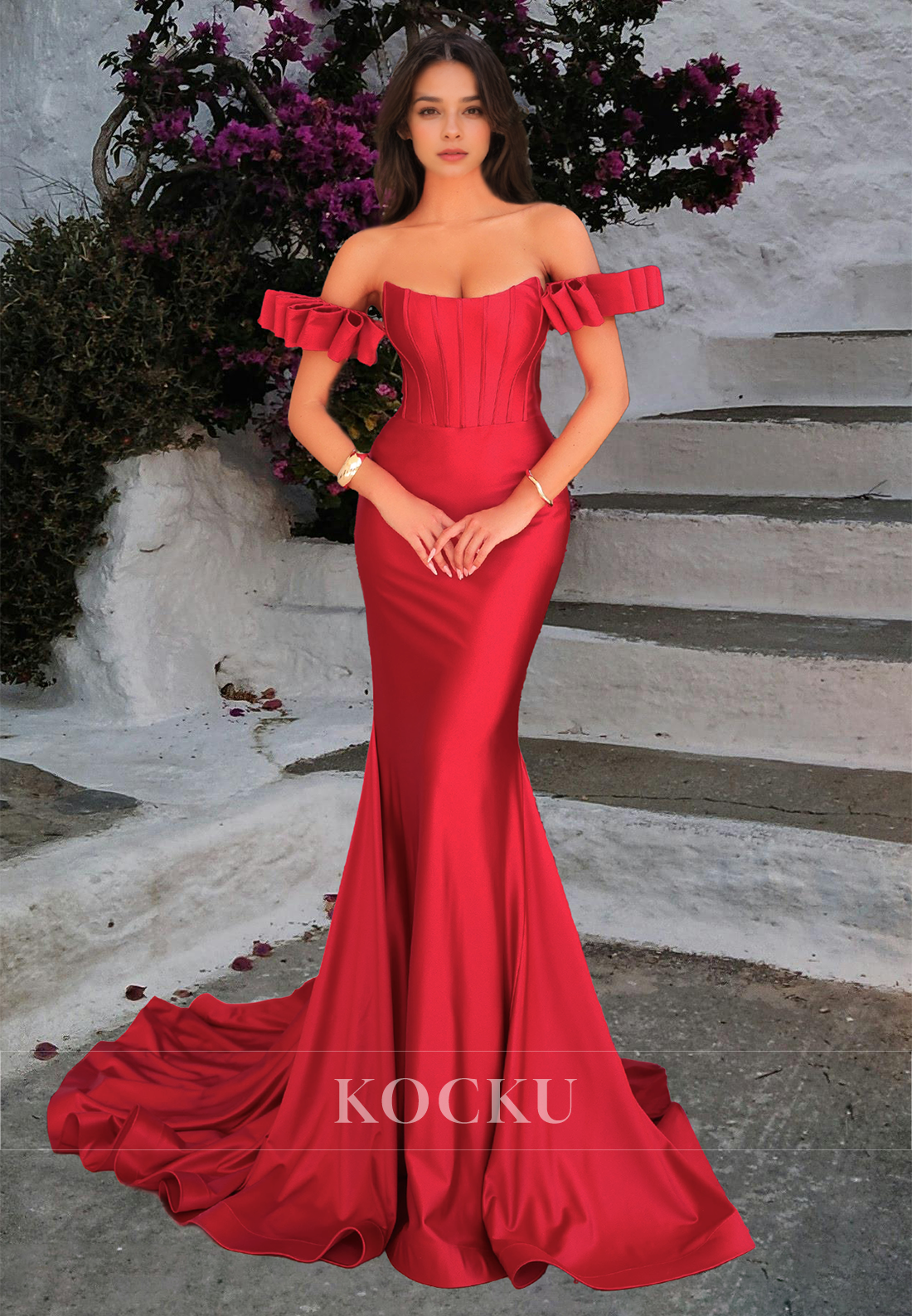Tube Top Sleeveless Mermaid Stripe Ruched Satin Prom Formal Evening Dress with Train