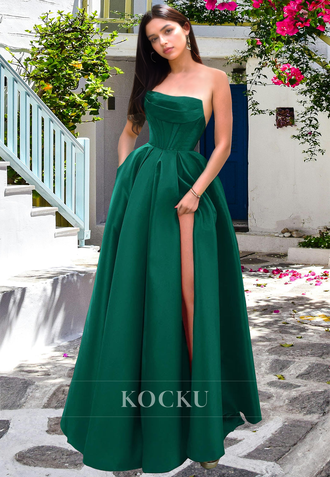 Tube Top A-Line Sleeveless Stripe Pleated Satin Long Prom Dress with Slit Formal Gown