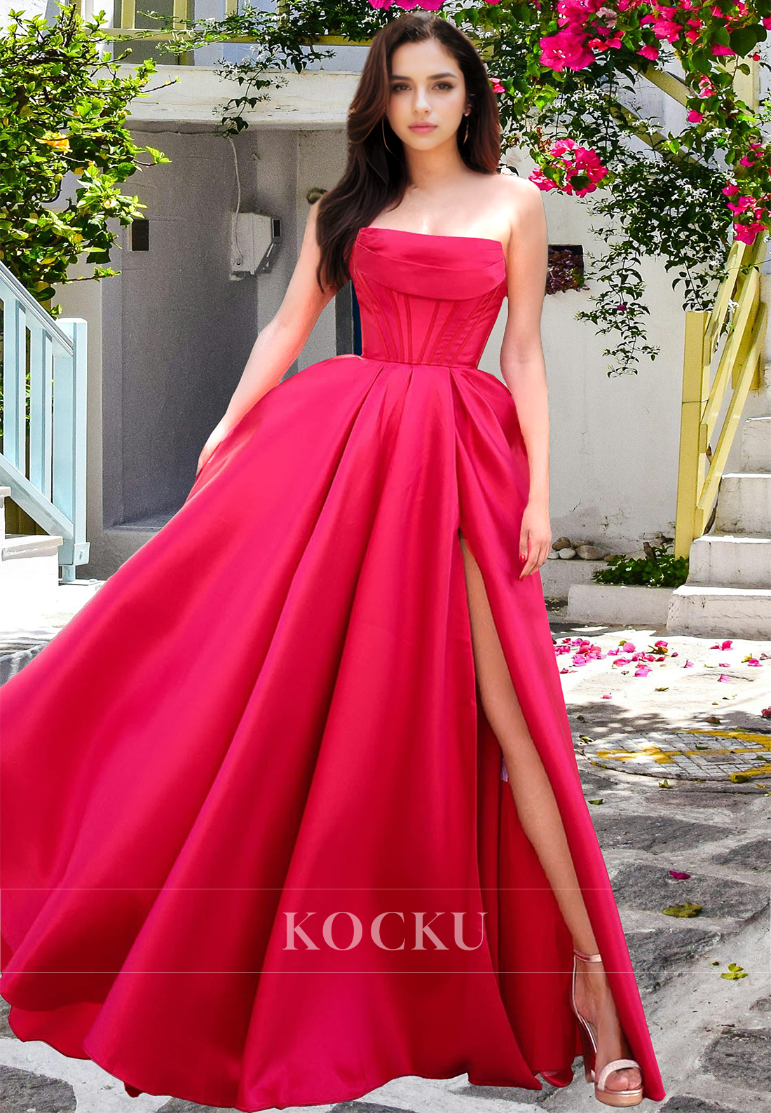 Tube Top A-Line Sleeveless Stripe Pleated Satin Long Prom Dress with Slit Formal Gown