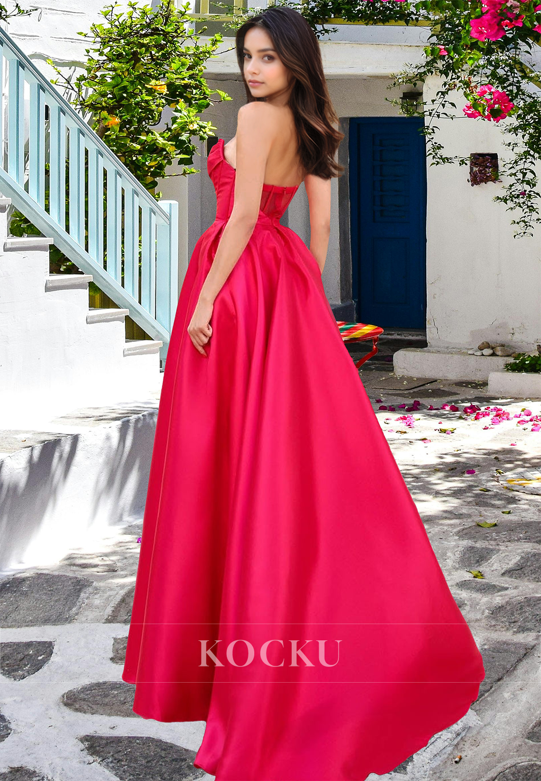 Tube Top A-Line Sleeveless Stripe Pleated Satin Long Prom Dress with Slit Formal Gown
